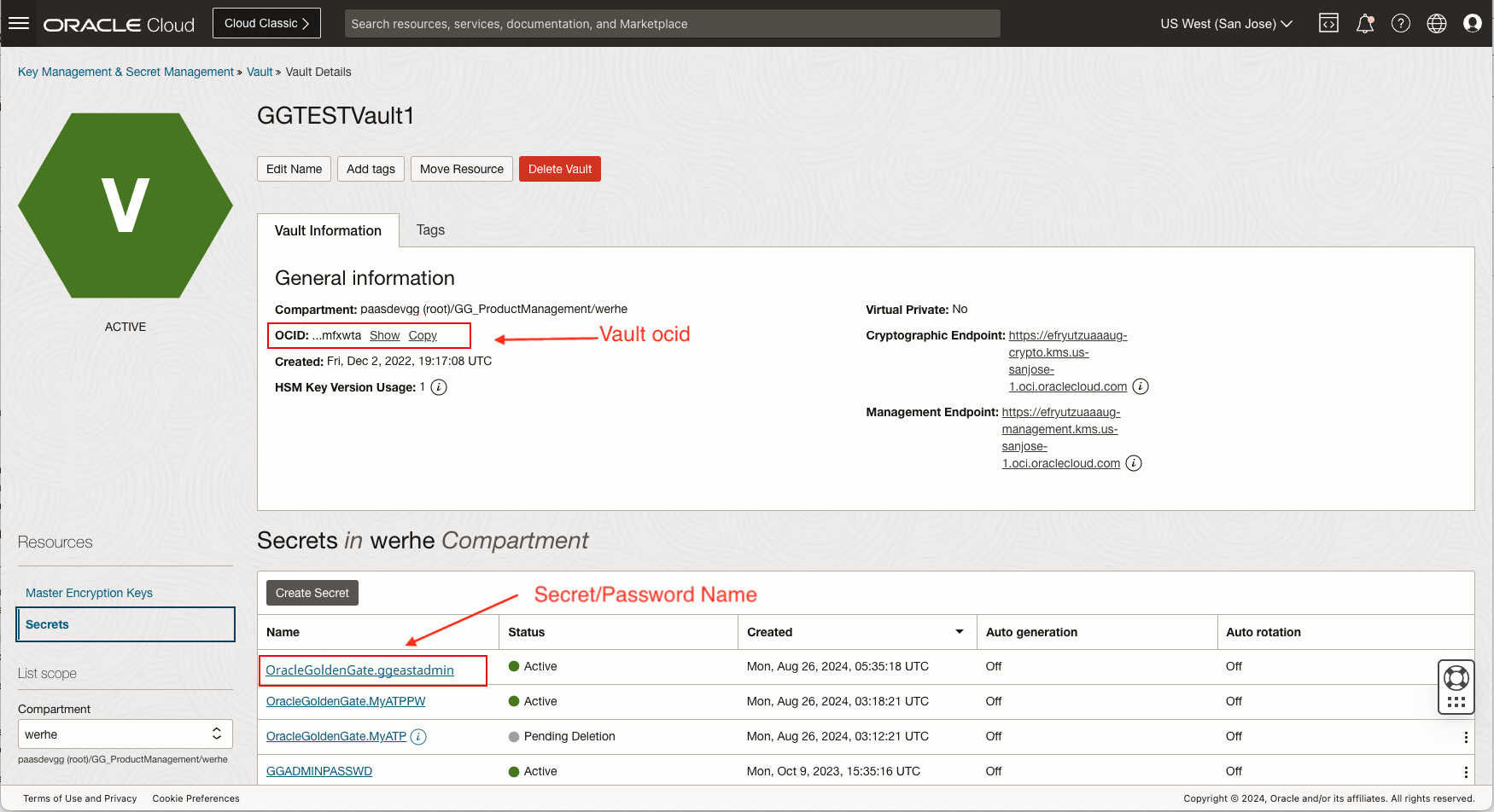 In the OCI Vault, the secret name must match the expected naming convention, for example, OracleGoldenGate.ggeastadmin in the format domain_name.alias_name. In the OCI Vault, the secret name must match the expected naming convention, for example, OracleGoldenGate.ggeastadmin in the format domain_name.alias_name.