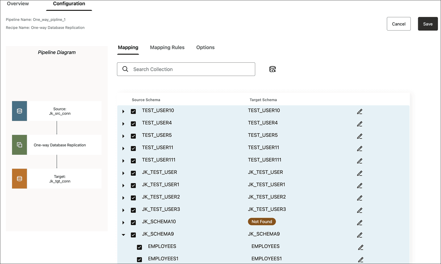 One-way replication pipeline shown on the Mapping page.