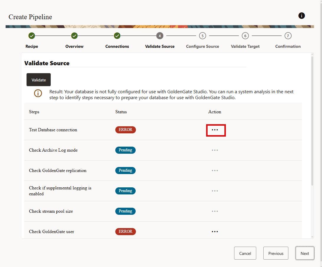 Validation errors when connecting to the source database.