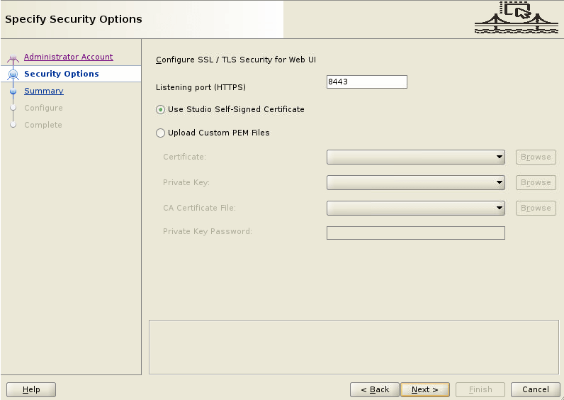 Security options configured in the Specify Security Options screen of the GoldenGate Studio Configuration Wizard