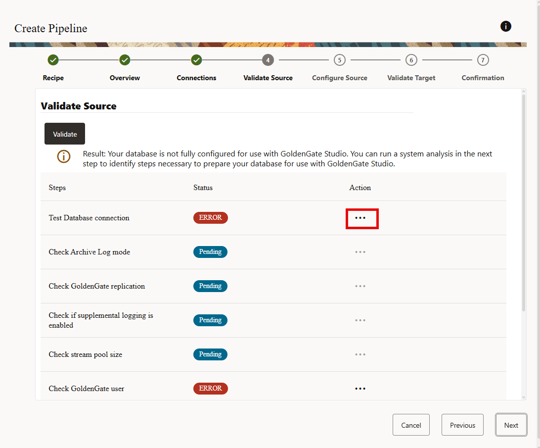 Validation errors when connecting to the source database. Validation errors when connecting to the source database.