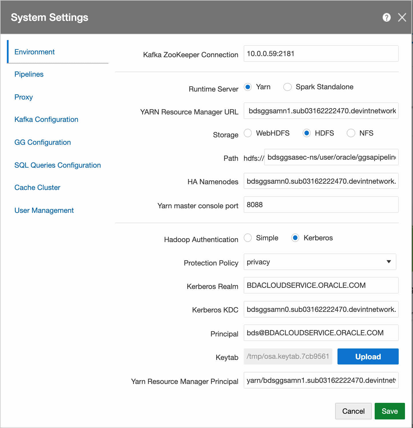Sample System Settings for Kerberized Production BDS Cluster