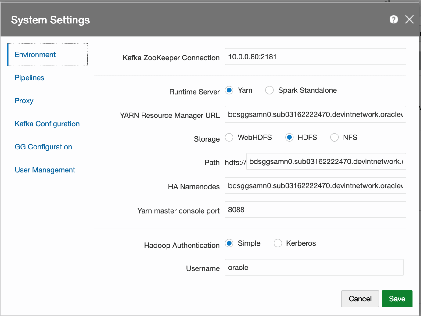 Sample System Settings for Non Kerberized Dev/Test BDS Cluster