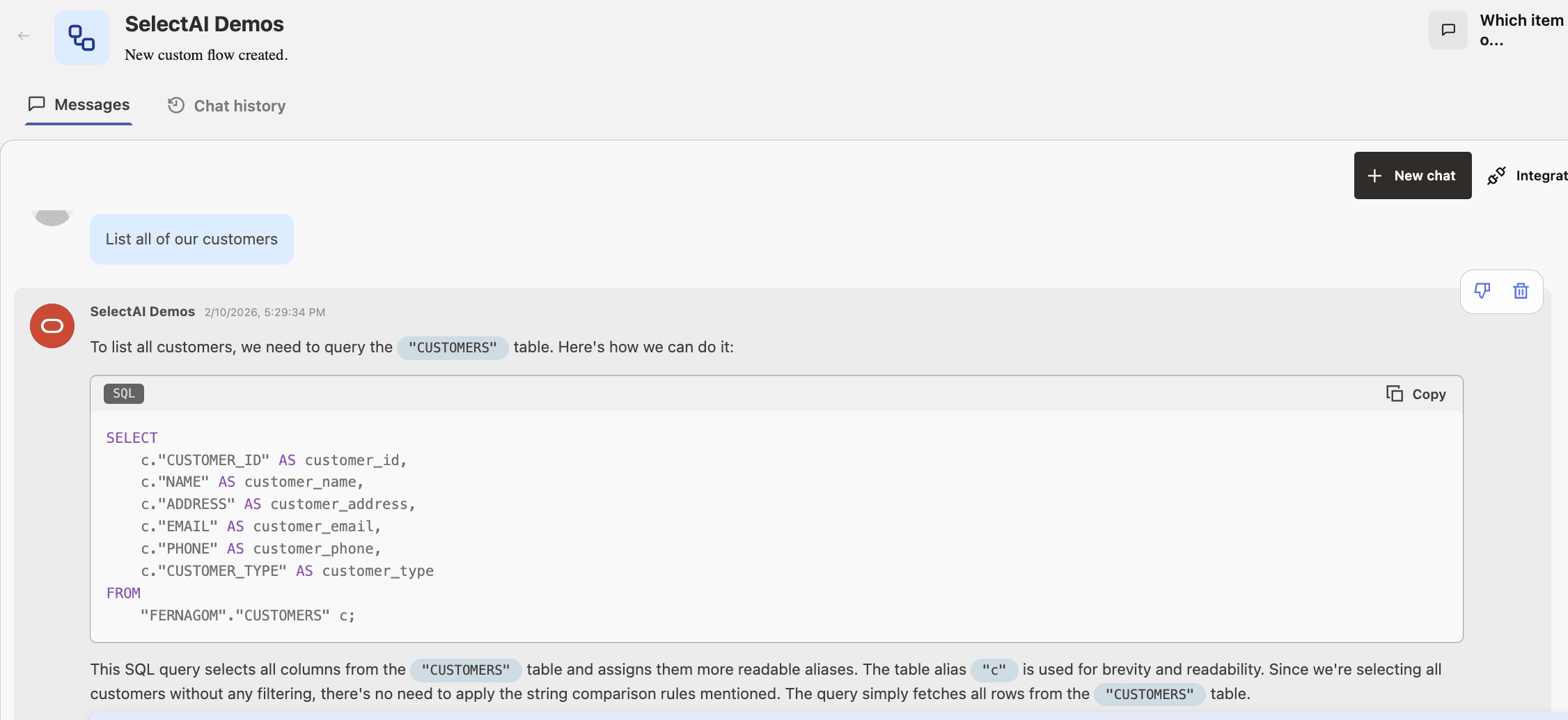 Select AI ExplainSQL Action