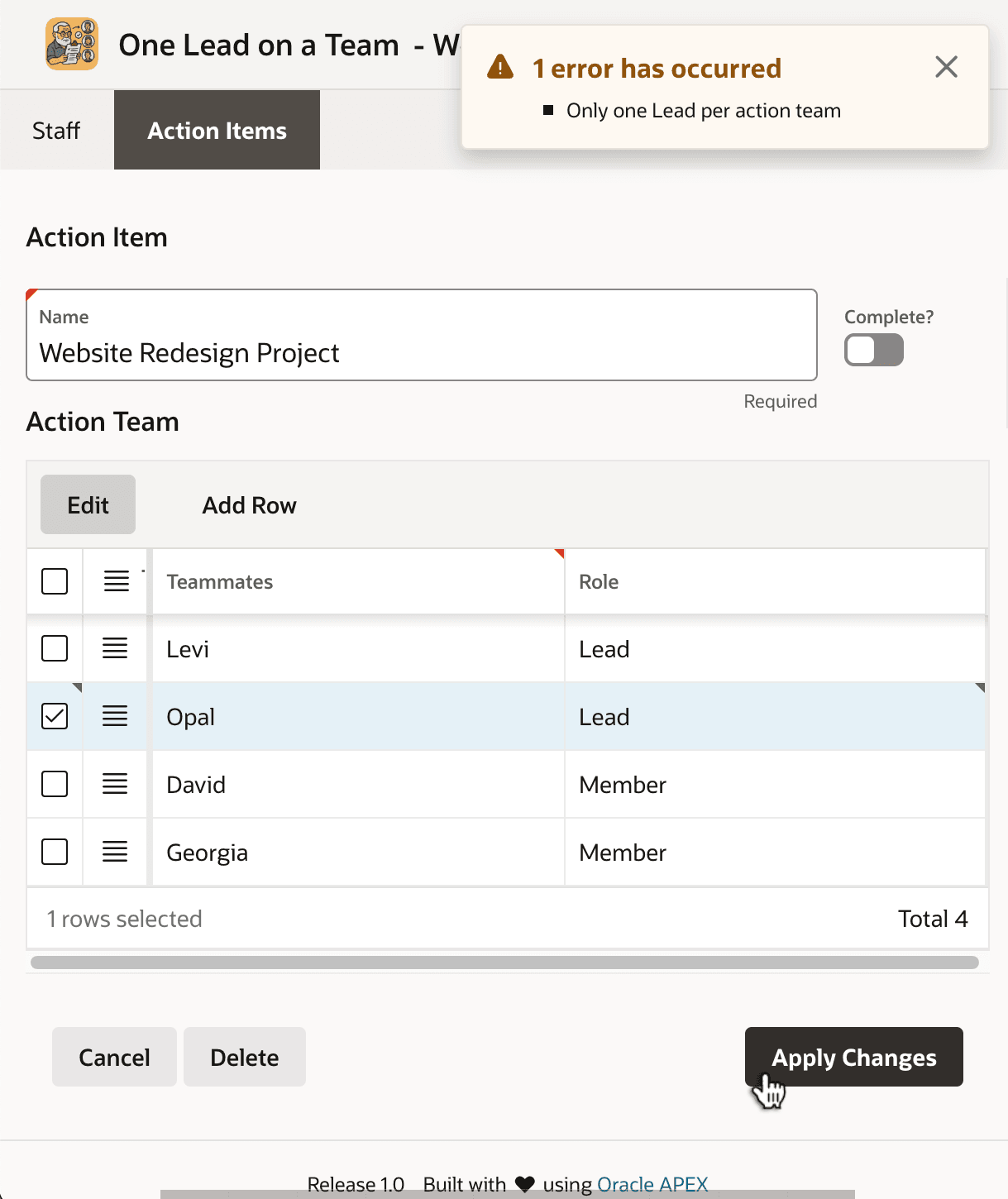 Editing an Action Item and Assigned Team Members in a Page Editing an Action Item and Assigned Team Members in a Page