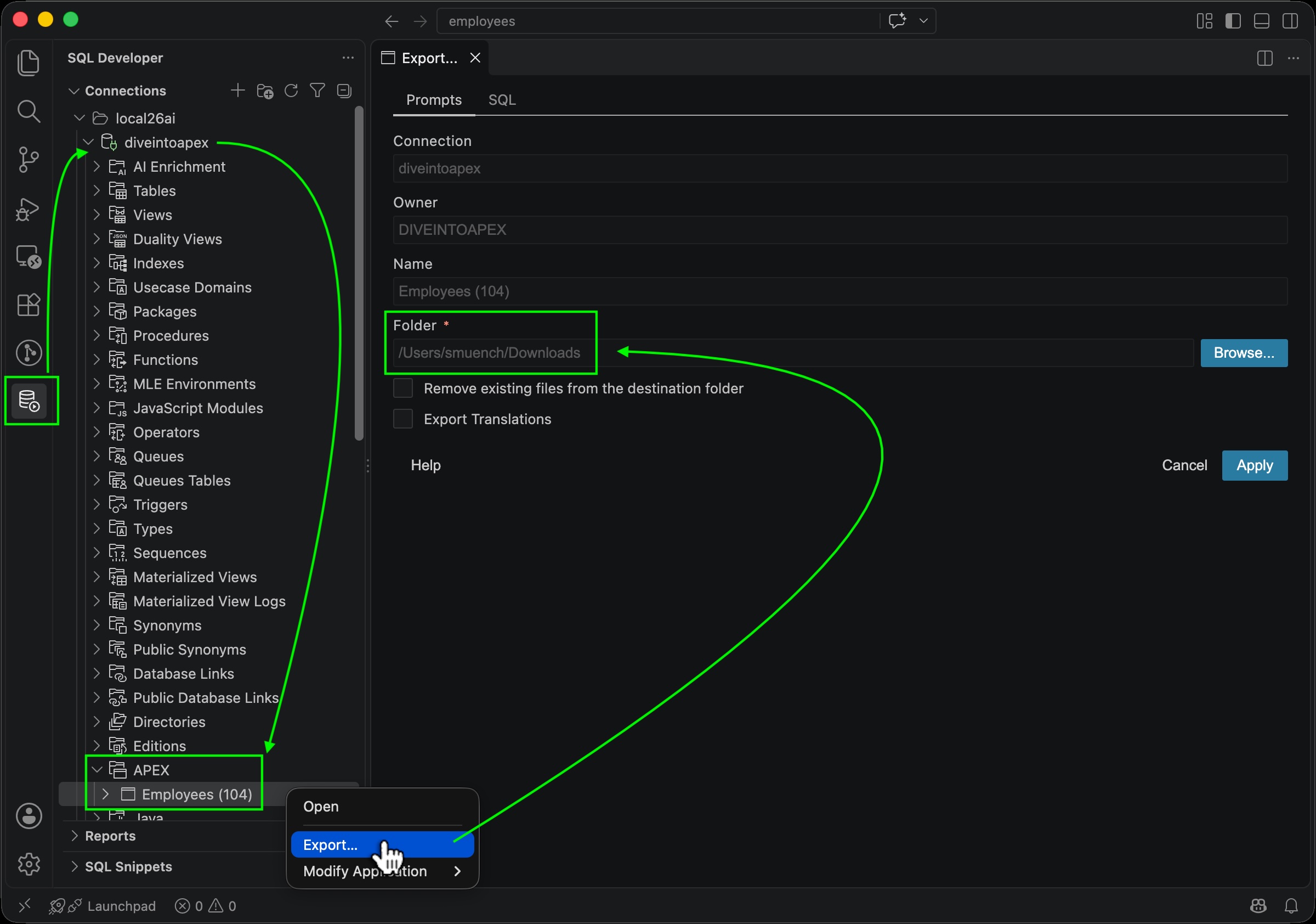 Exporting Employees App (104) in APEXlang from SQL Developer