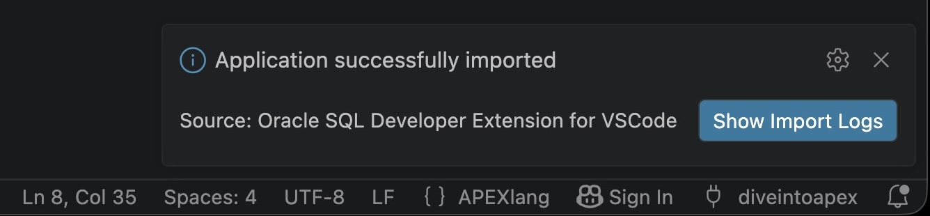Confirmation of a Successful APEXlang Application Import in VS Code
