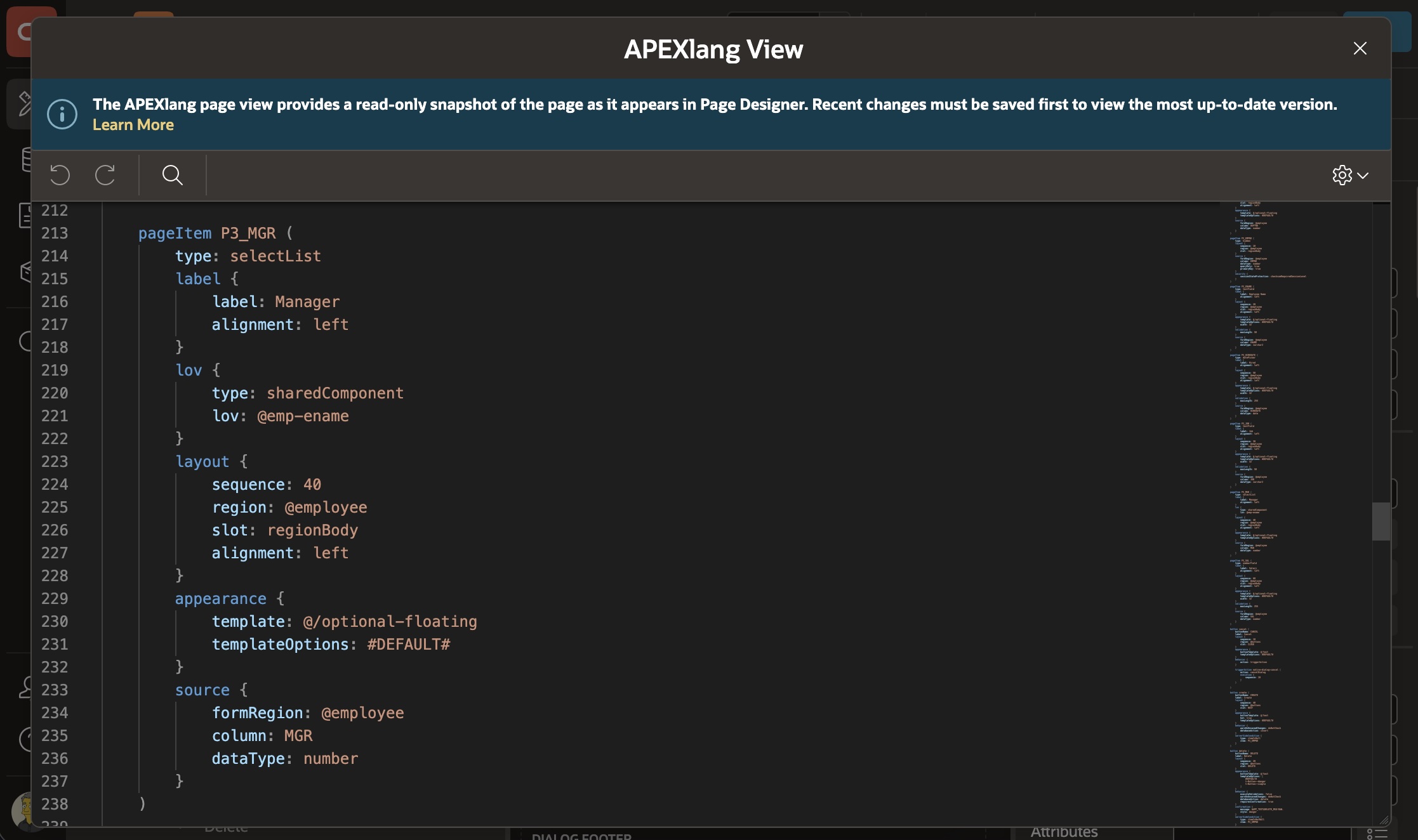 Reviewing the APEXlang Representation of the Current Page in Page Designer Reviewing the APEXlang Representation of the Current Page in Page Designer