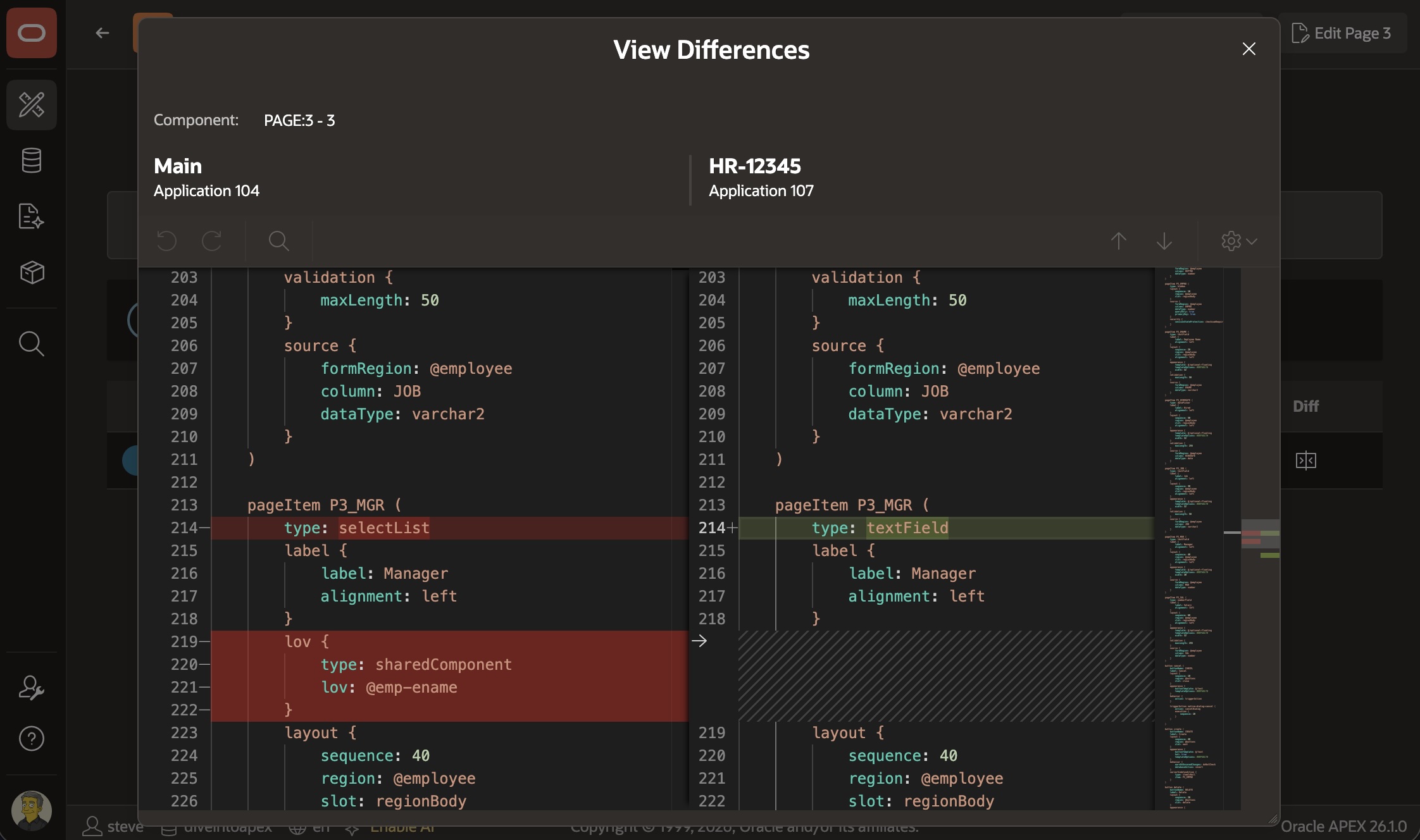 Reviewing APEXlang Diffs When Comparing Working Copy with Main App Reviewing APEXlang Diffs When Comparing Working Copy with Main App