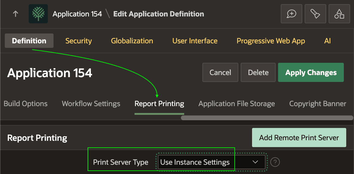 Configuring App to Use Instance Settings for Remote Printing
