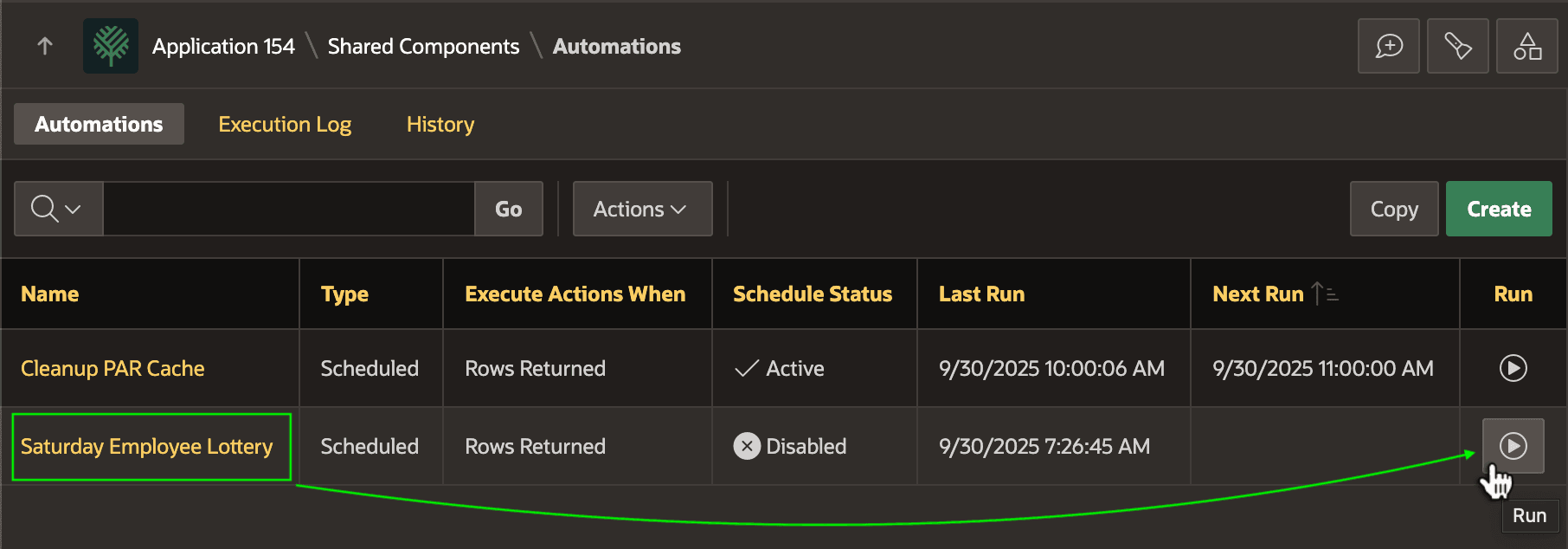 Running an Automation from the List Page