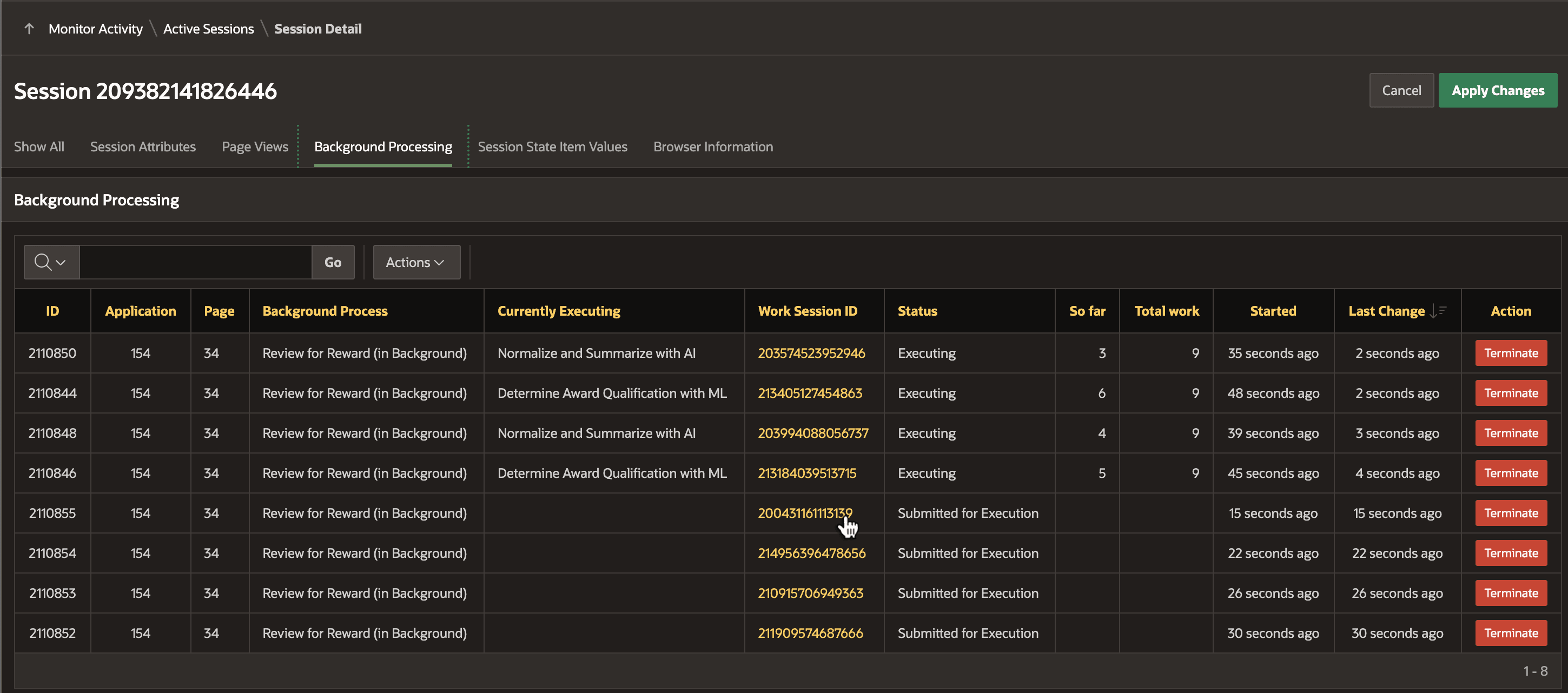 Reviewing Background Executions for Specific User Session