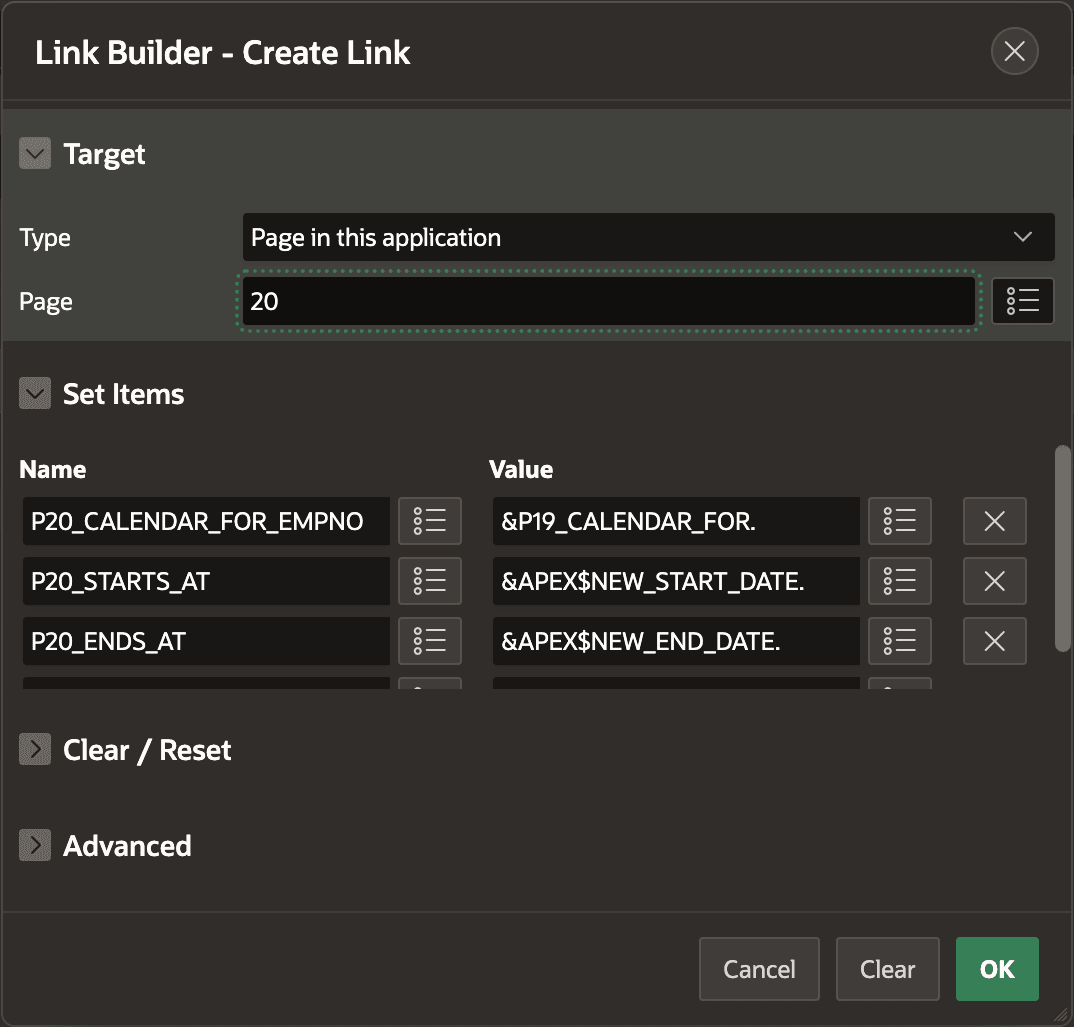 Configuring Create Link to Pass Start and End Date