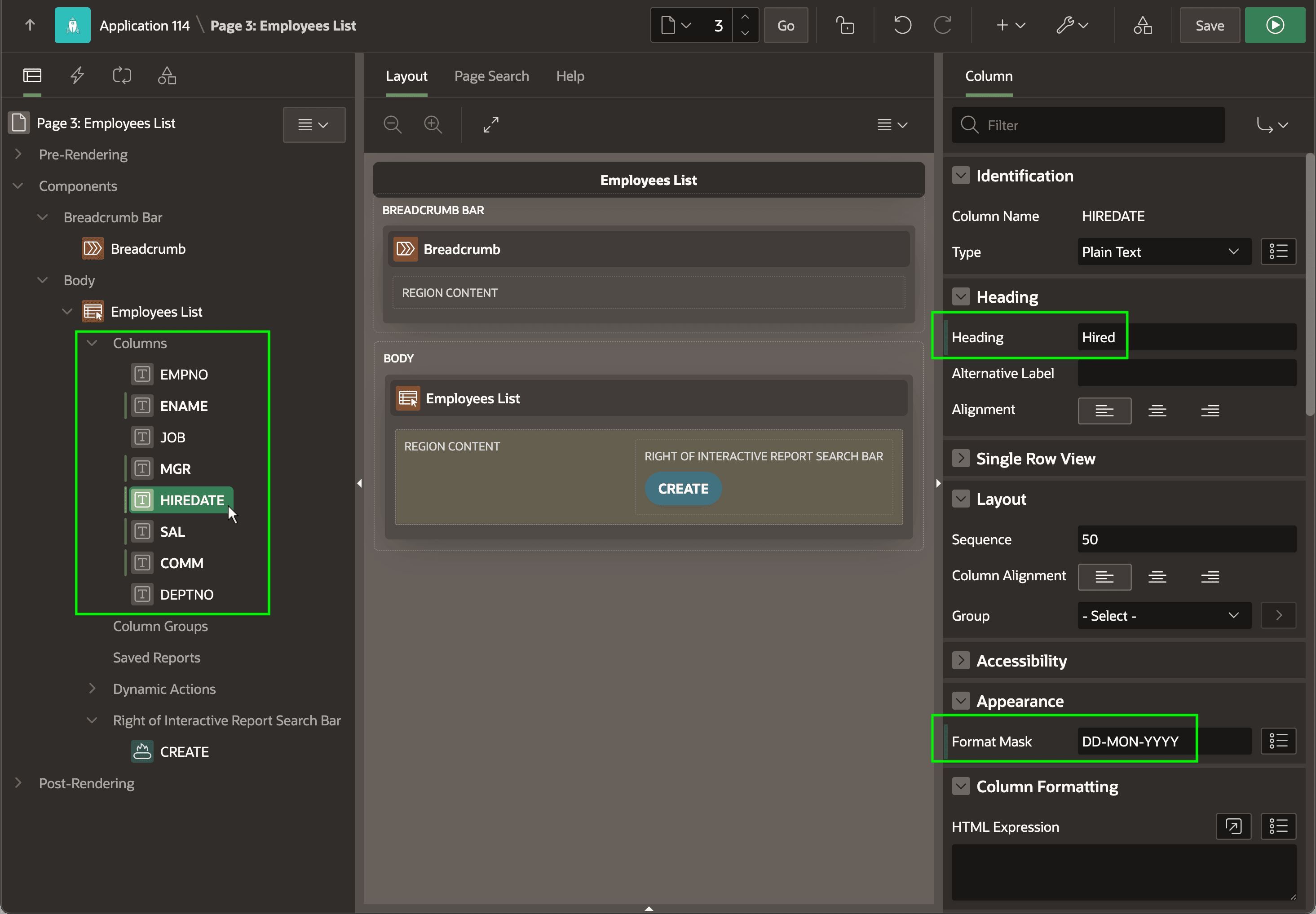 Columns of an Interactive Report Region in Page Designer