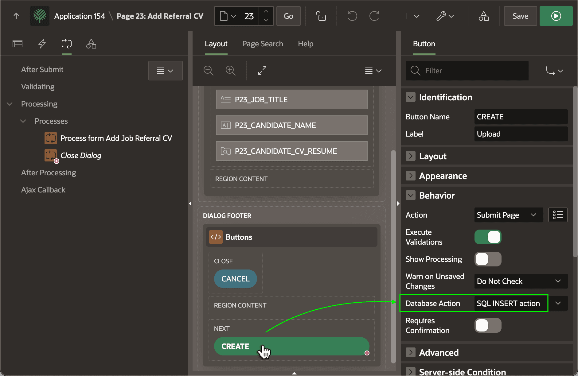 Database Action on Submitting Button Informs Automatic DML Process