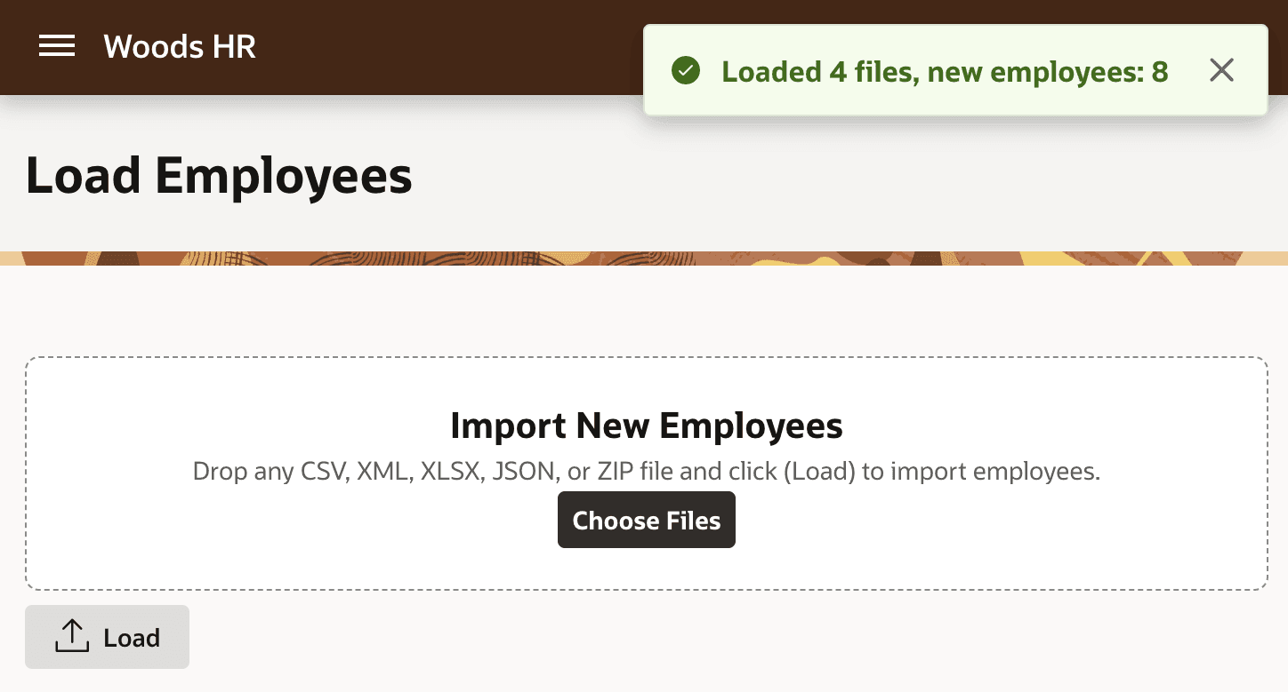 Success Message Confirms Eight Employees Loaded from Four Files