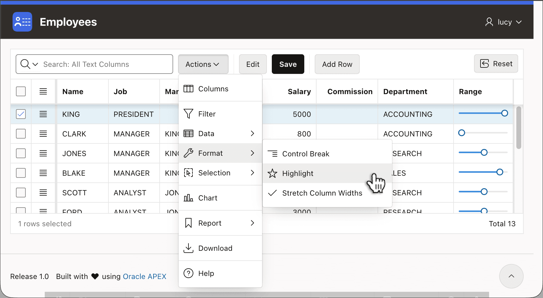 Actions Menu Presents the Grid Features You Enable for Users