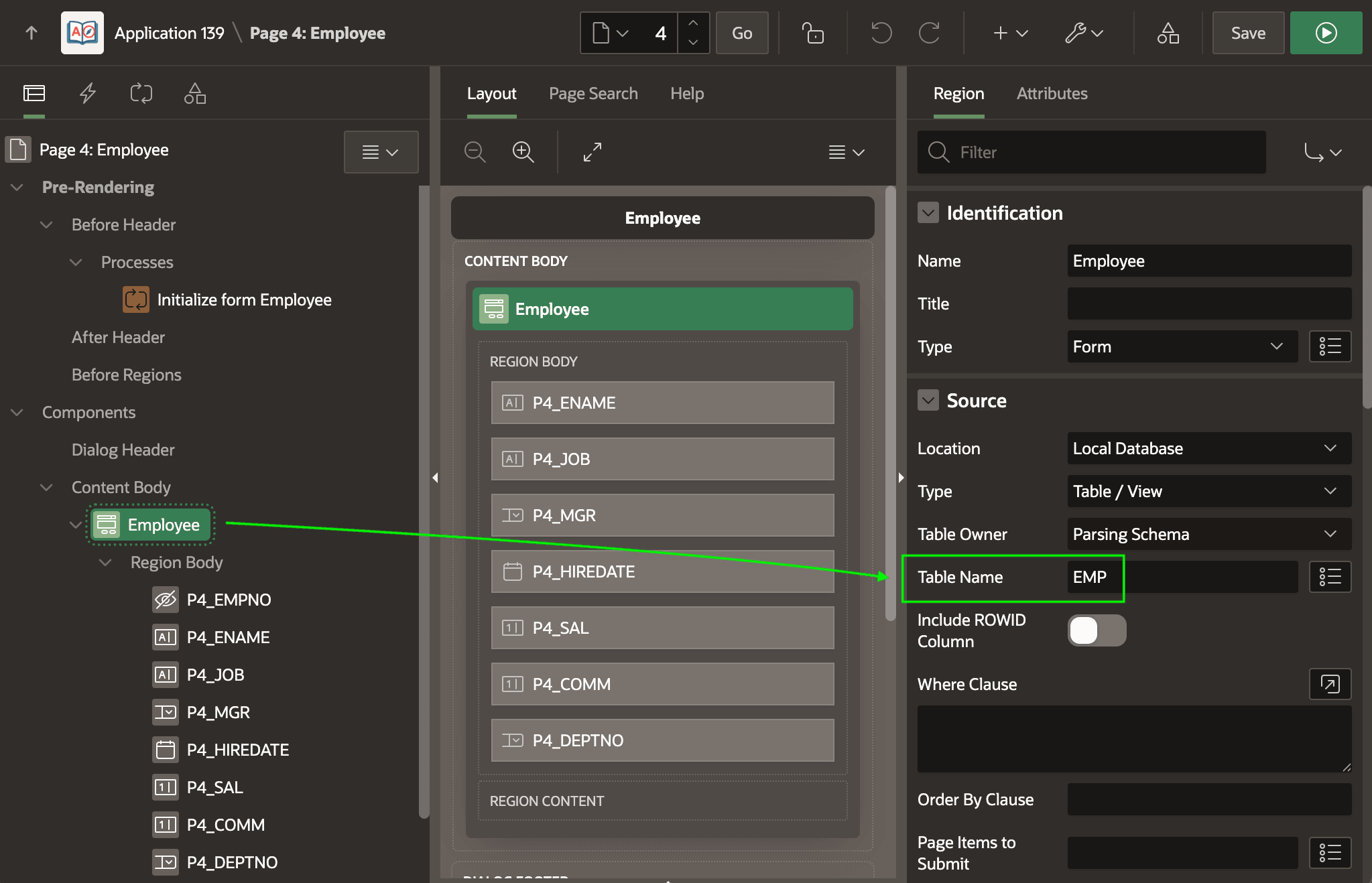 Form Region Using EMP Table as Data Source