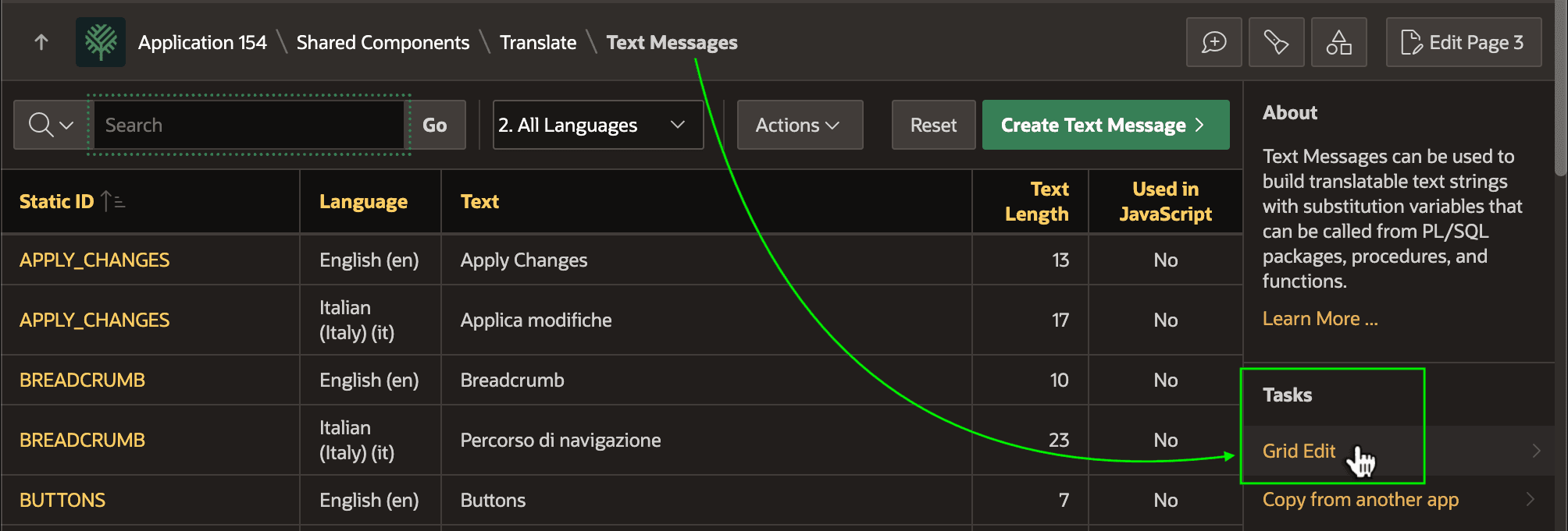 Accessing the Text Messages Grid Edit for Bulk Changes