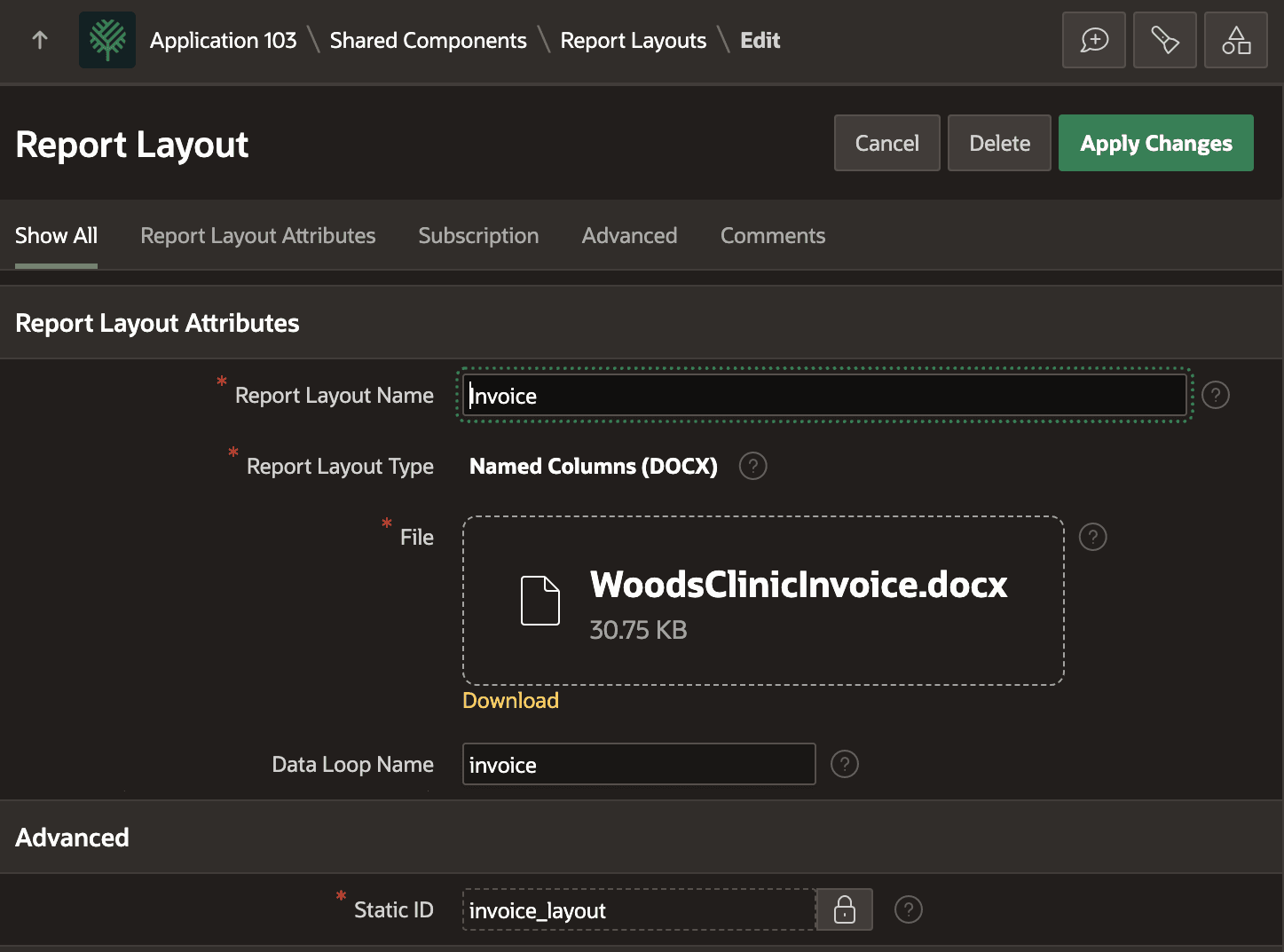 Report Layout Provides Word Document Template for Invoice