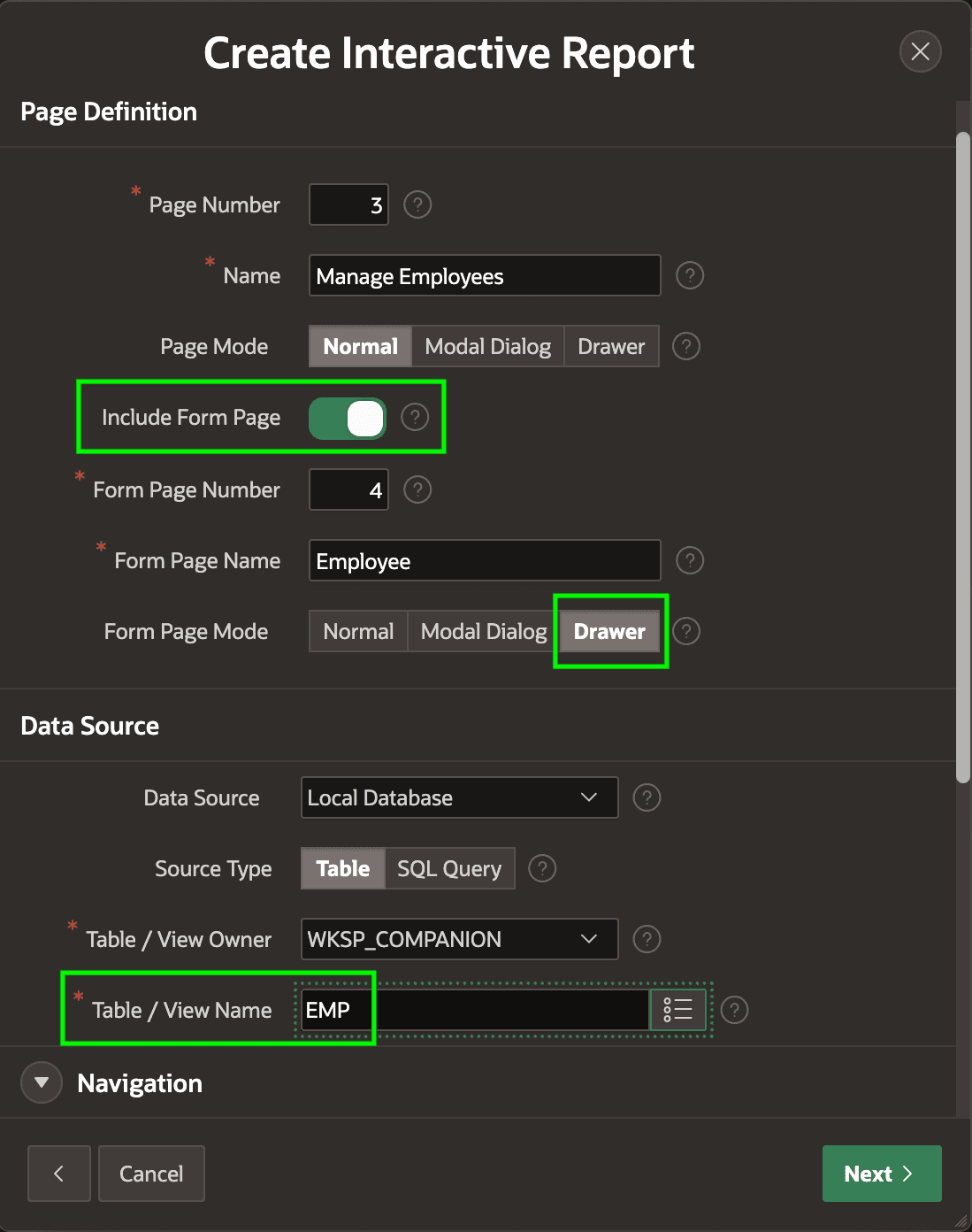 Create Page Wizard Choices for List and Edit Pages on the EMP Table