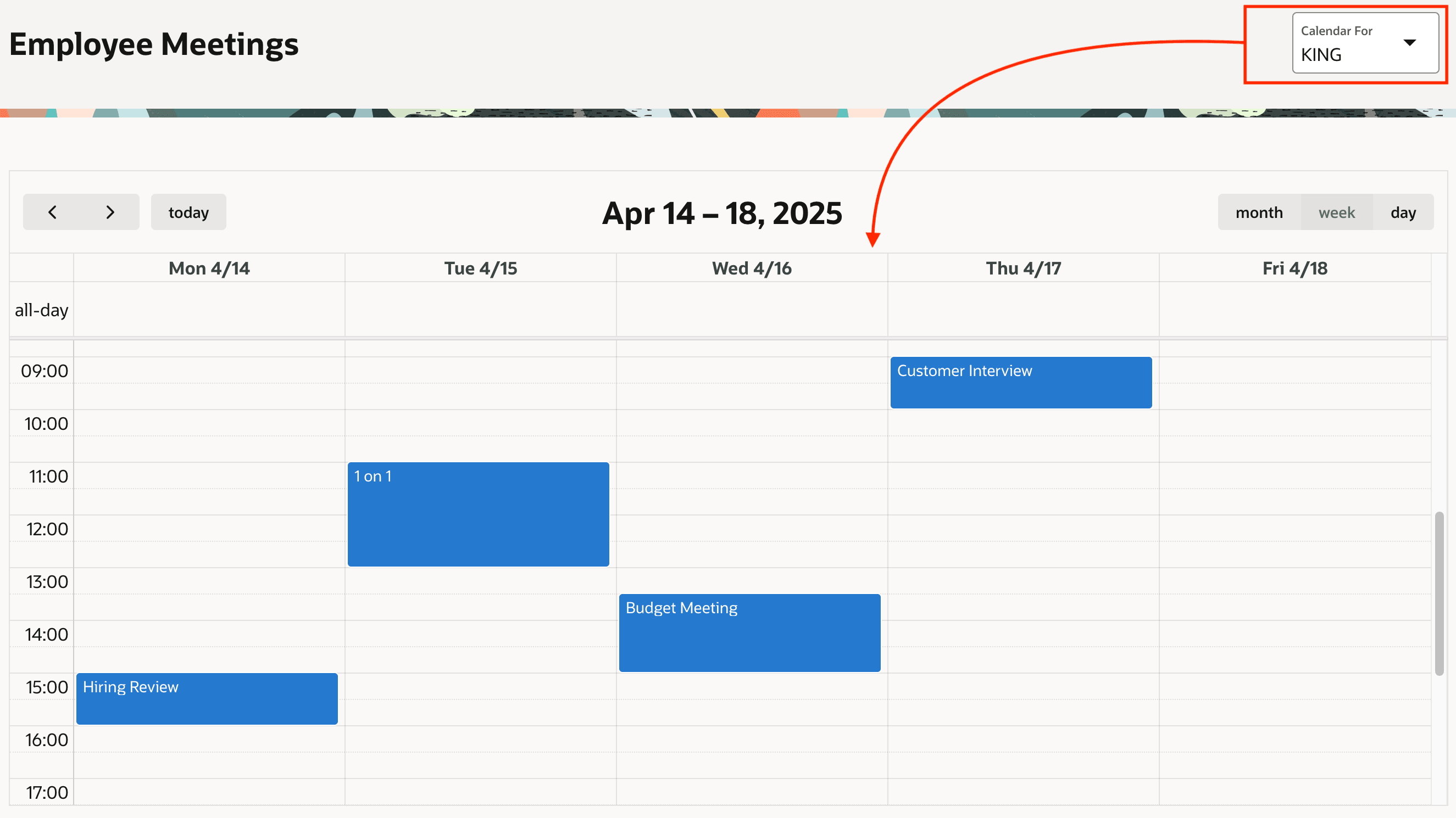 Four Meetings in Employee KING's Schedule with Dynamic Action on Select List