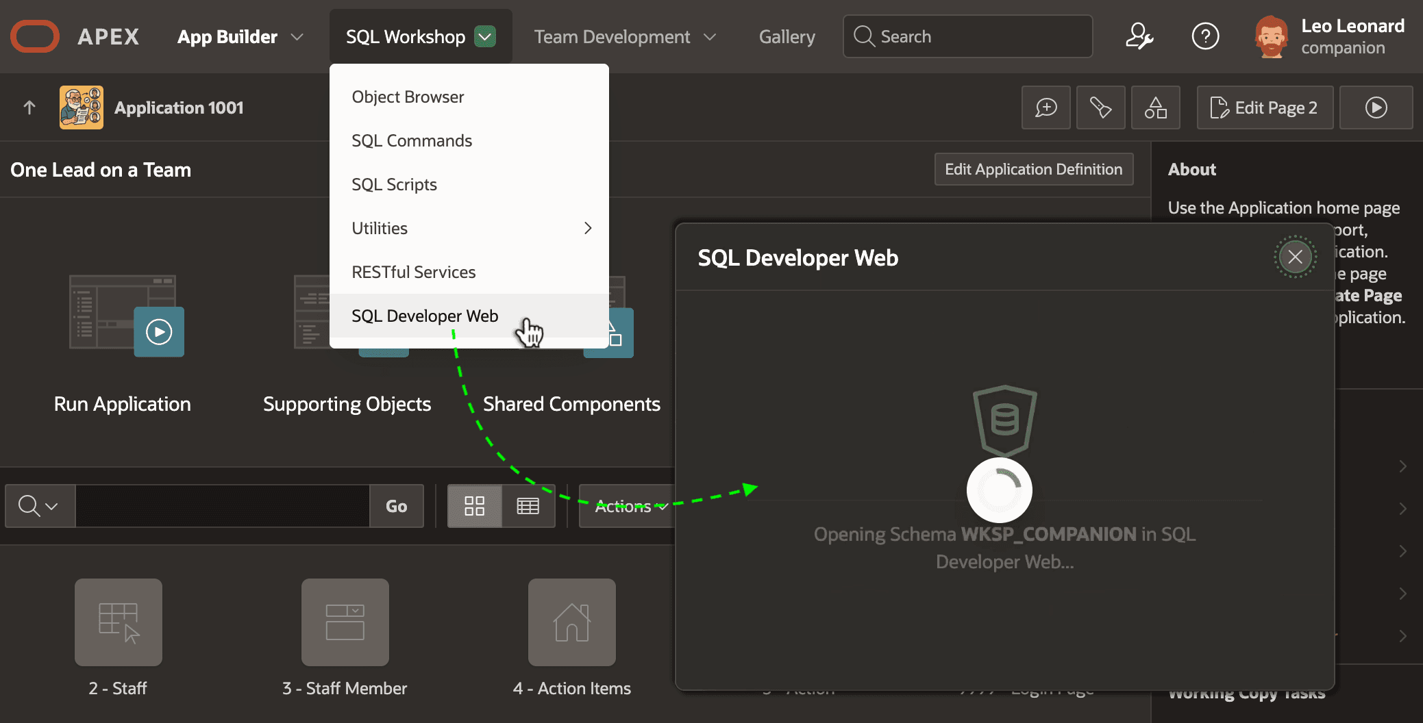 Opening SQL Developer Web from the App Builder