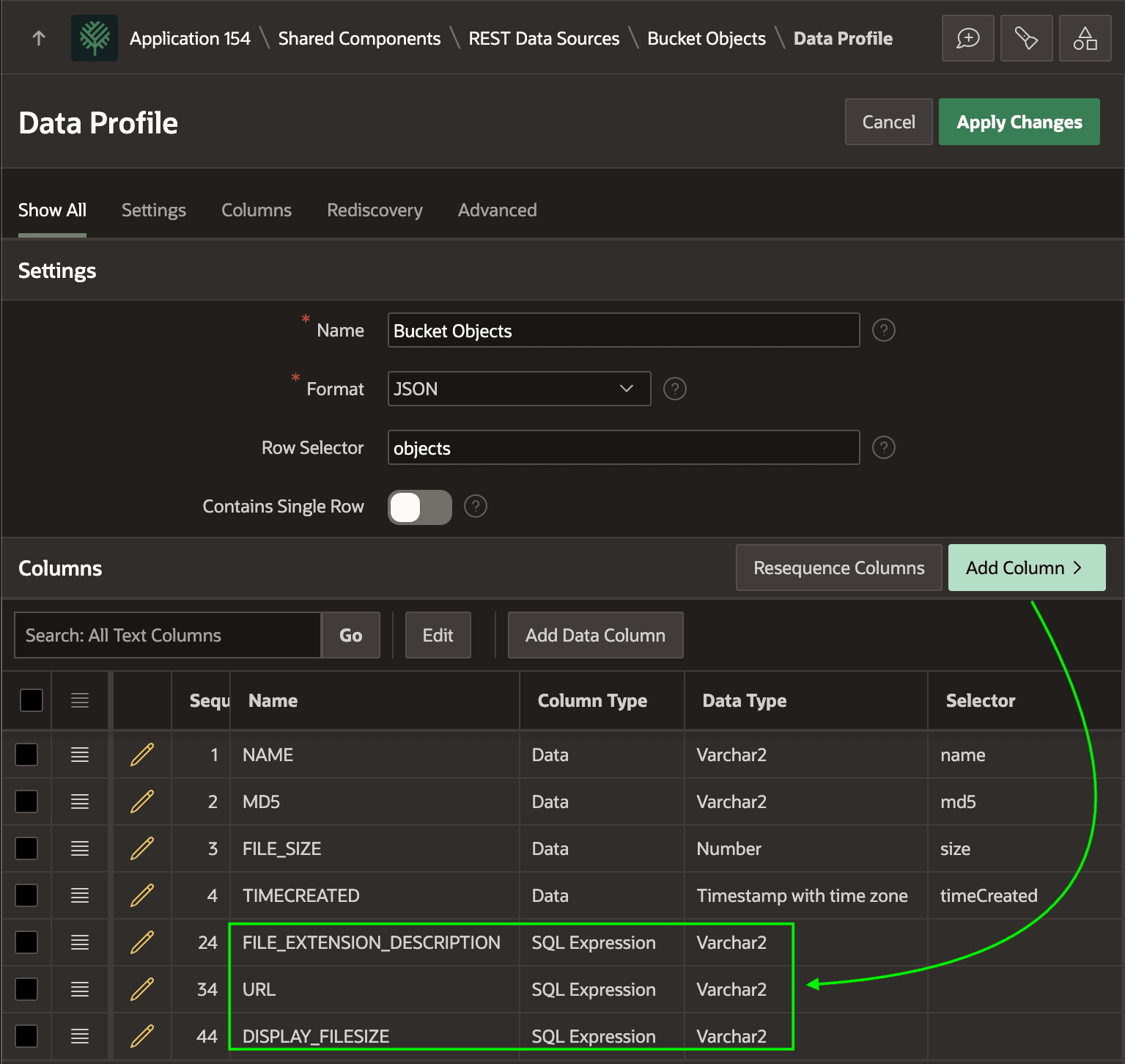 Data Profile Columns for Bucket Objects REST Data Source