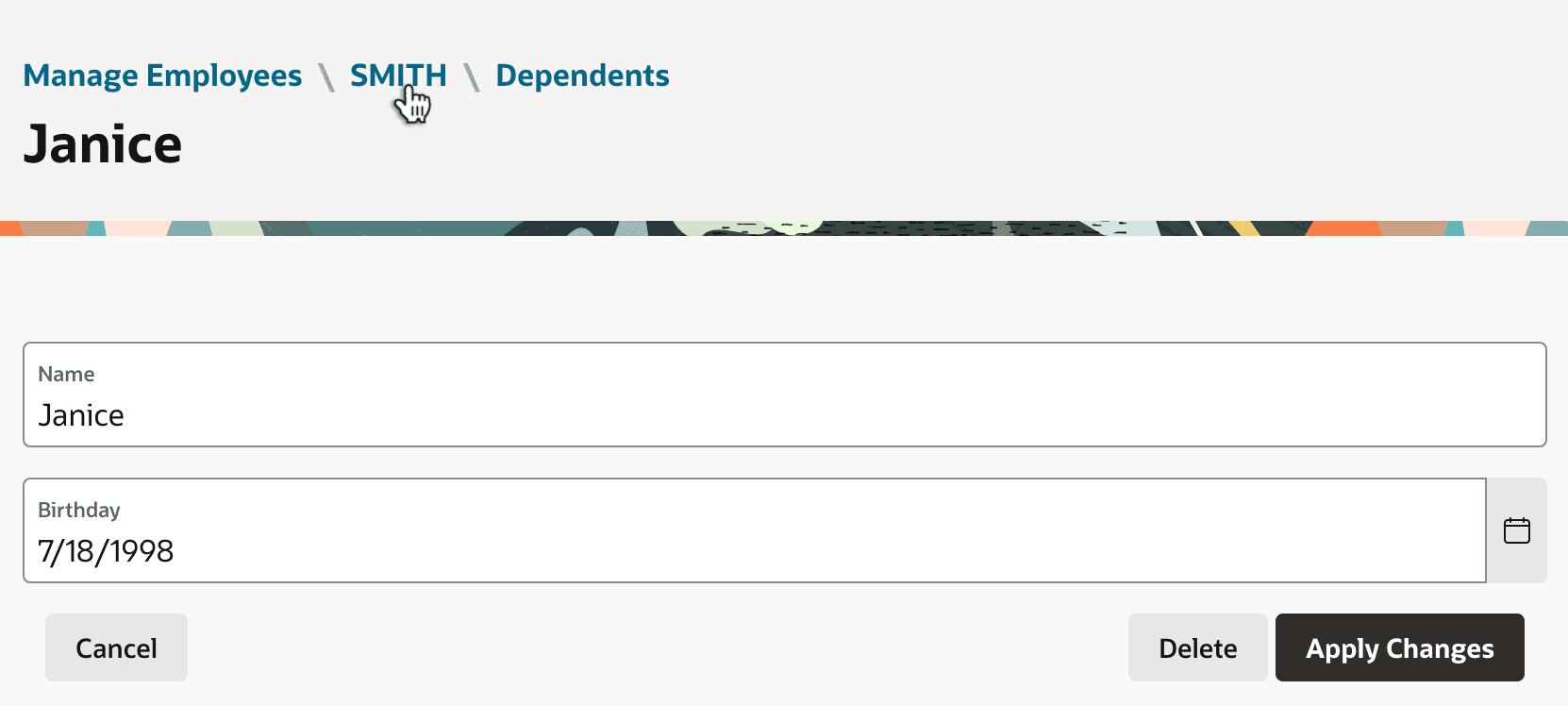 Viewing SMITH's Dependent Janie: Breadcrumb Shows Path \"Home\" Viewing SMITH's Dependent Janie: Breadcrumb Shows Path "Home"