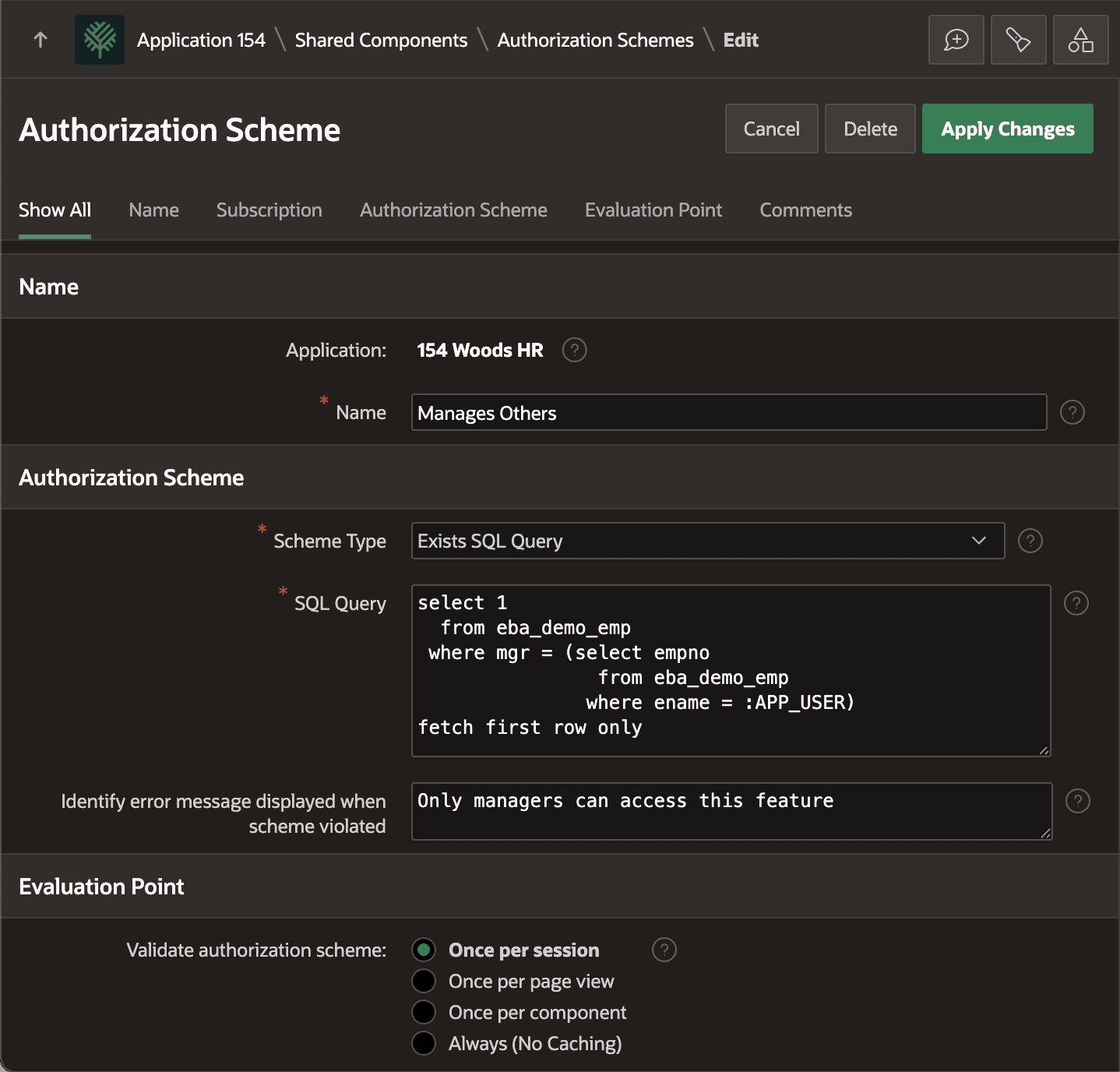 Using SQL to Define Authorization Scheme Rule for Managers