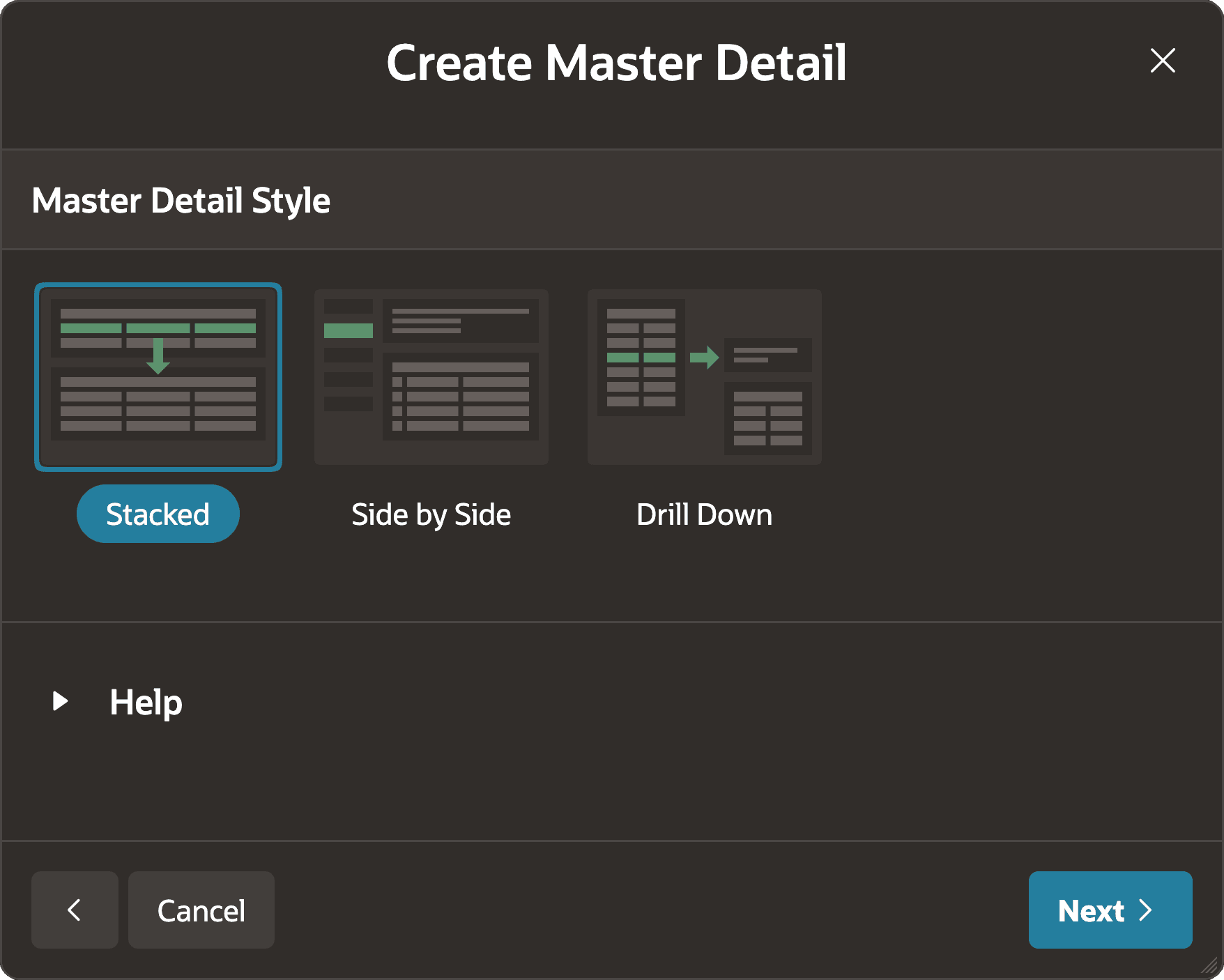 Create Page Wizard Offers Three Master/Detail Patterns