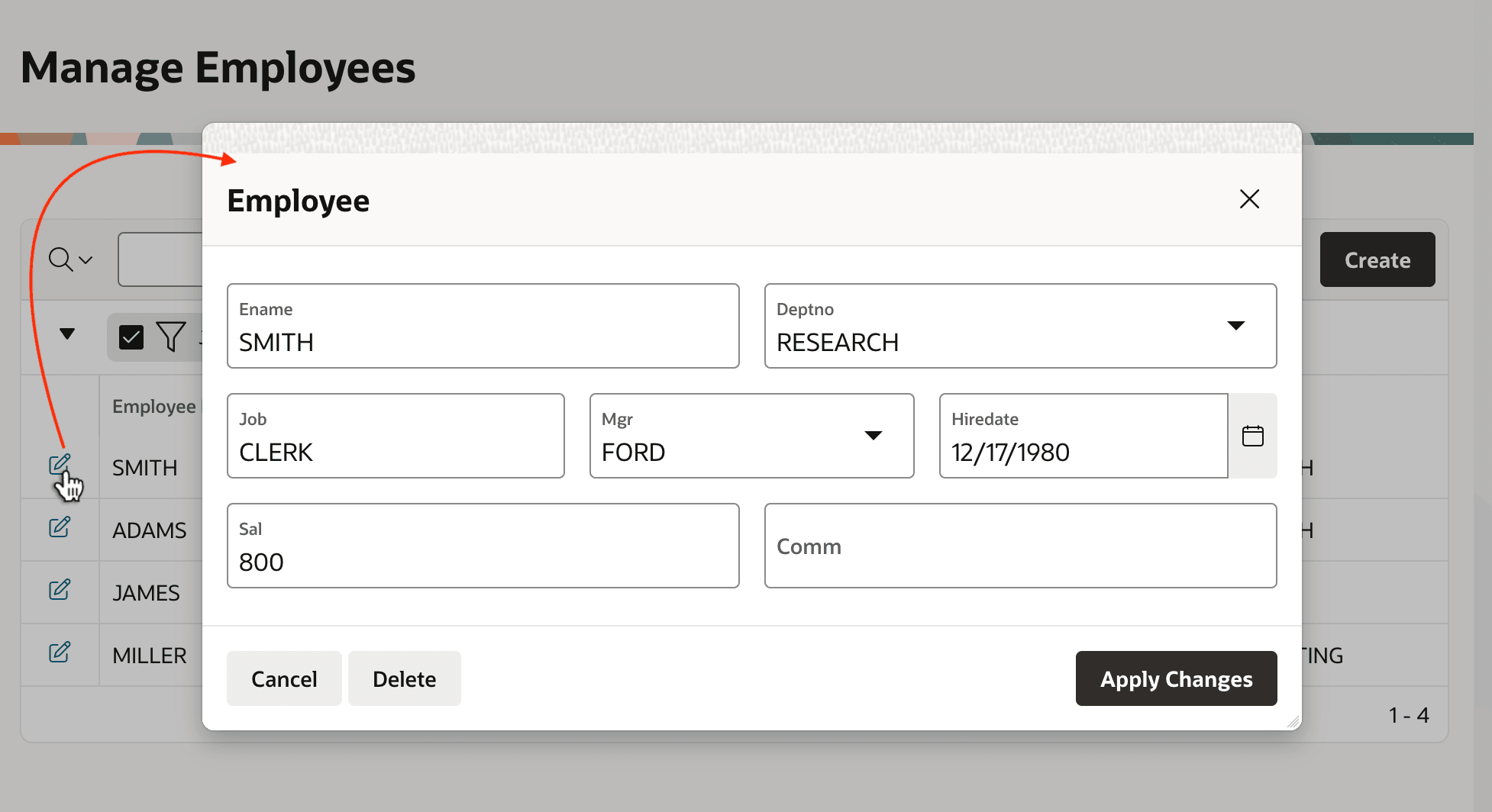 Modal Dialog Form Page Called from a List Page