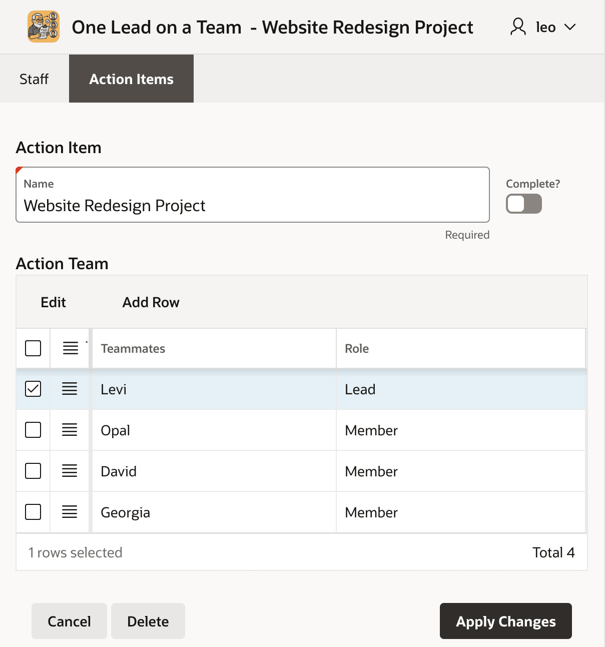 Application Page for Editing an Action Item and Assigned Team Members