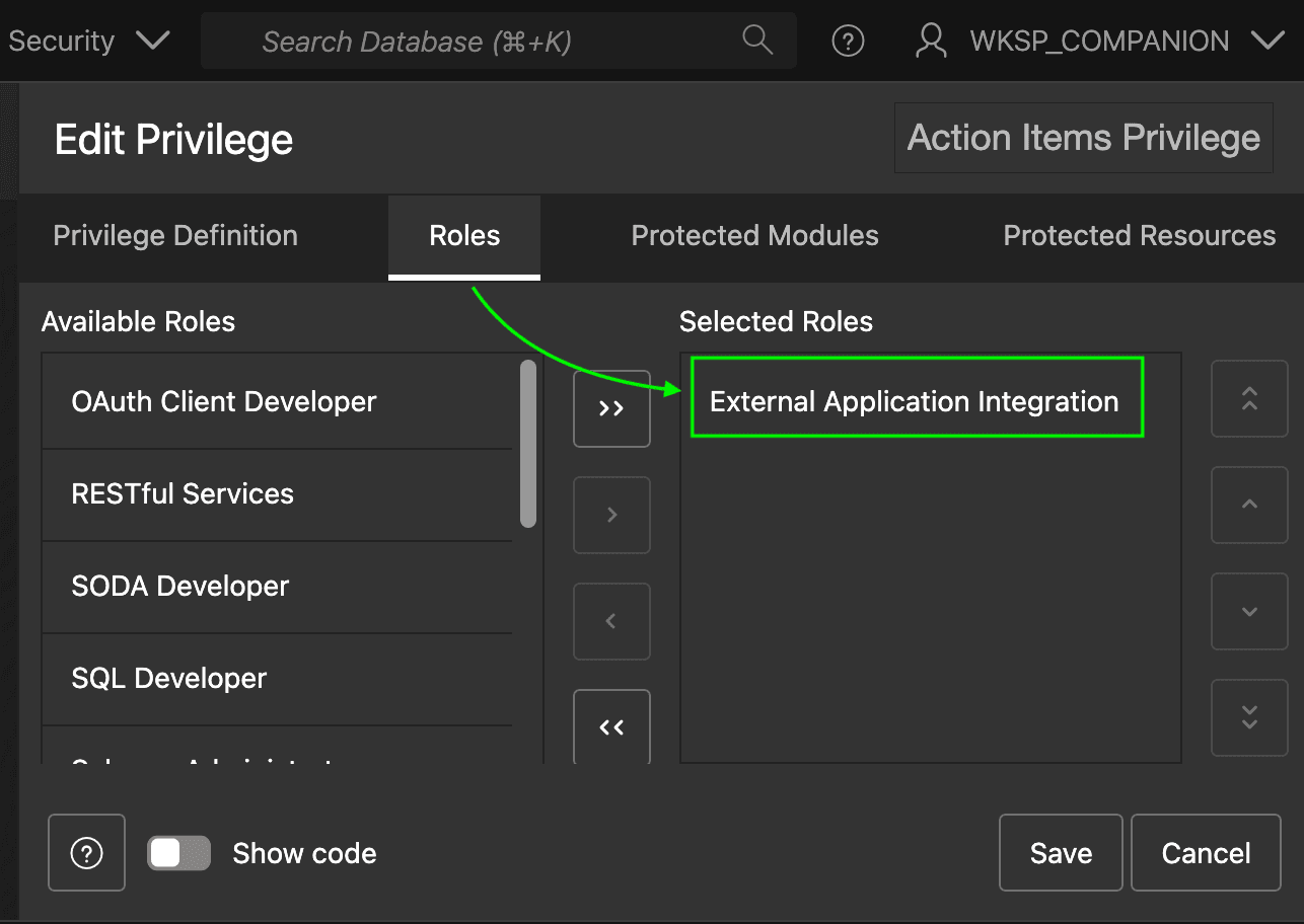 Granting the Action Items Privilege to External Application Integration Role Granting the Action Items Privilege to External Application Integration Role