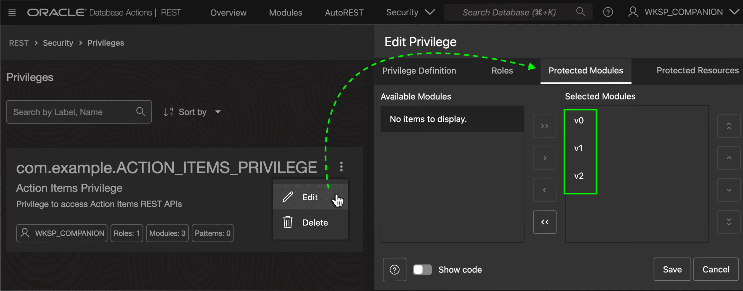 Defining a Privilege in SQL Developer Web REST Designer Defining a Privilege in SQL Developer Web REST Designer