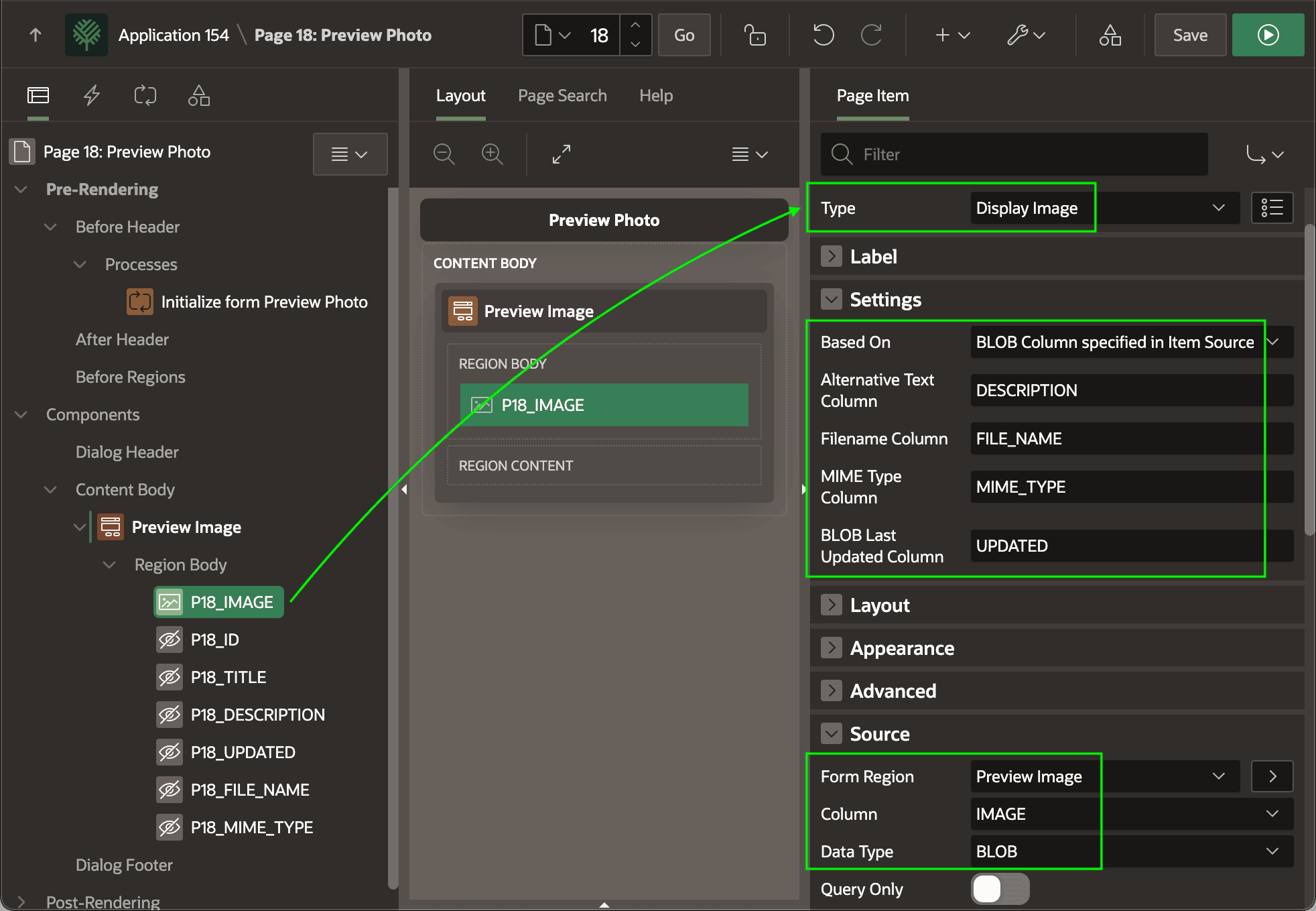 Configuring Display Image Form Page Item for Image BLOB Configuring Display Image Form Page Item for Image BLOB