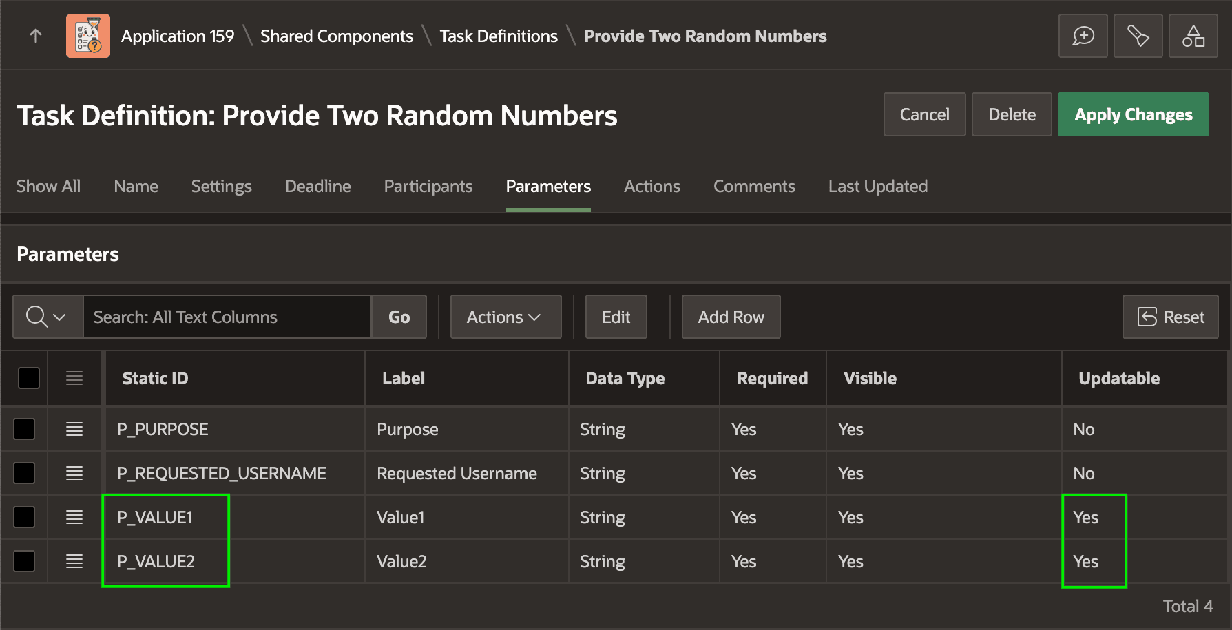 Updatable Action Task Definition Parameters Model User-Supplied Data