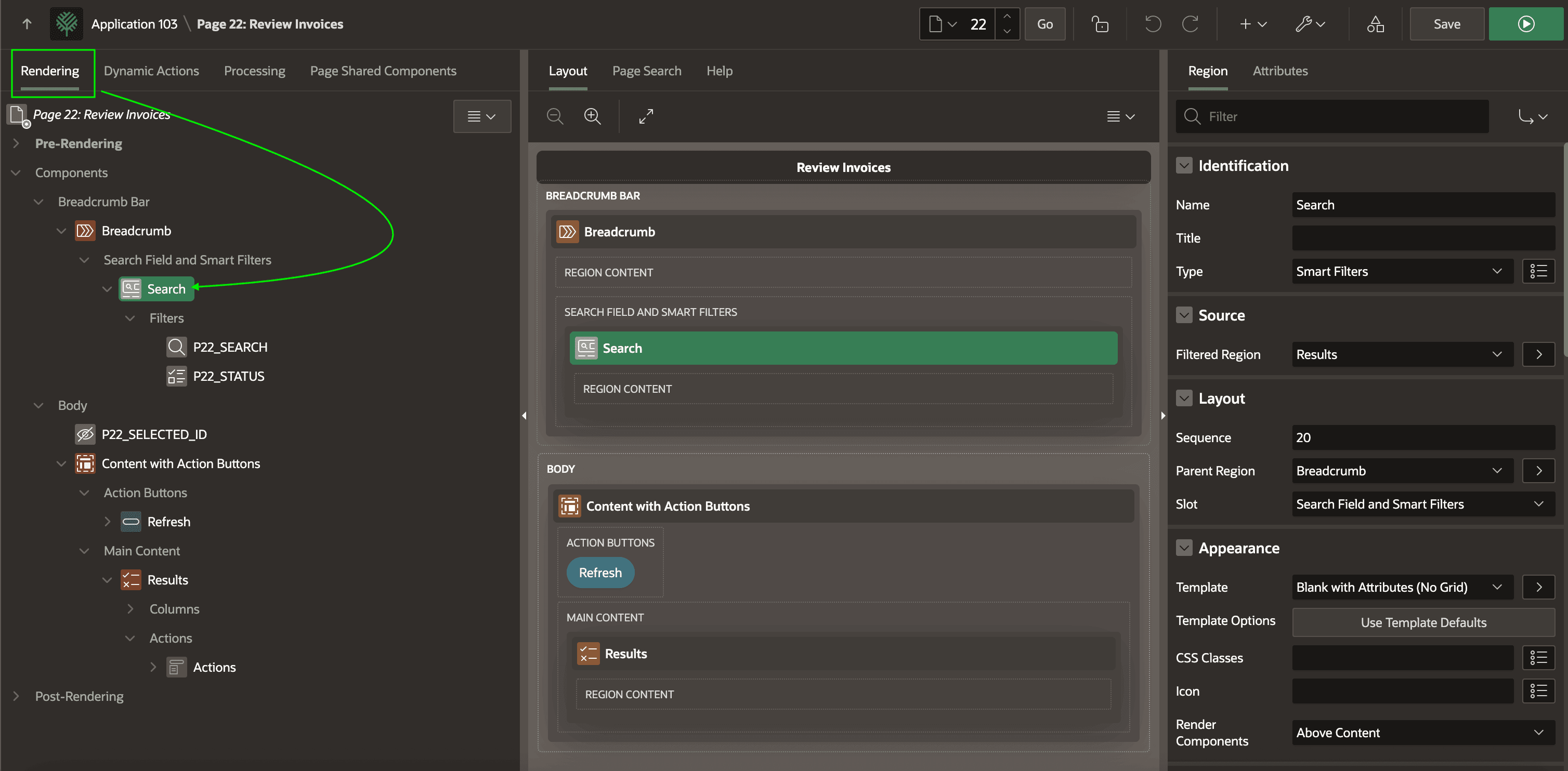 Rendering, Dynamic Actions, Processing, and Page Shared Components Tabs