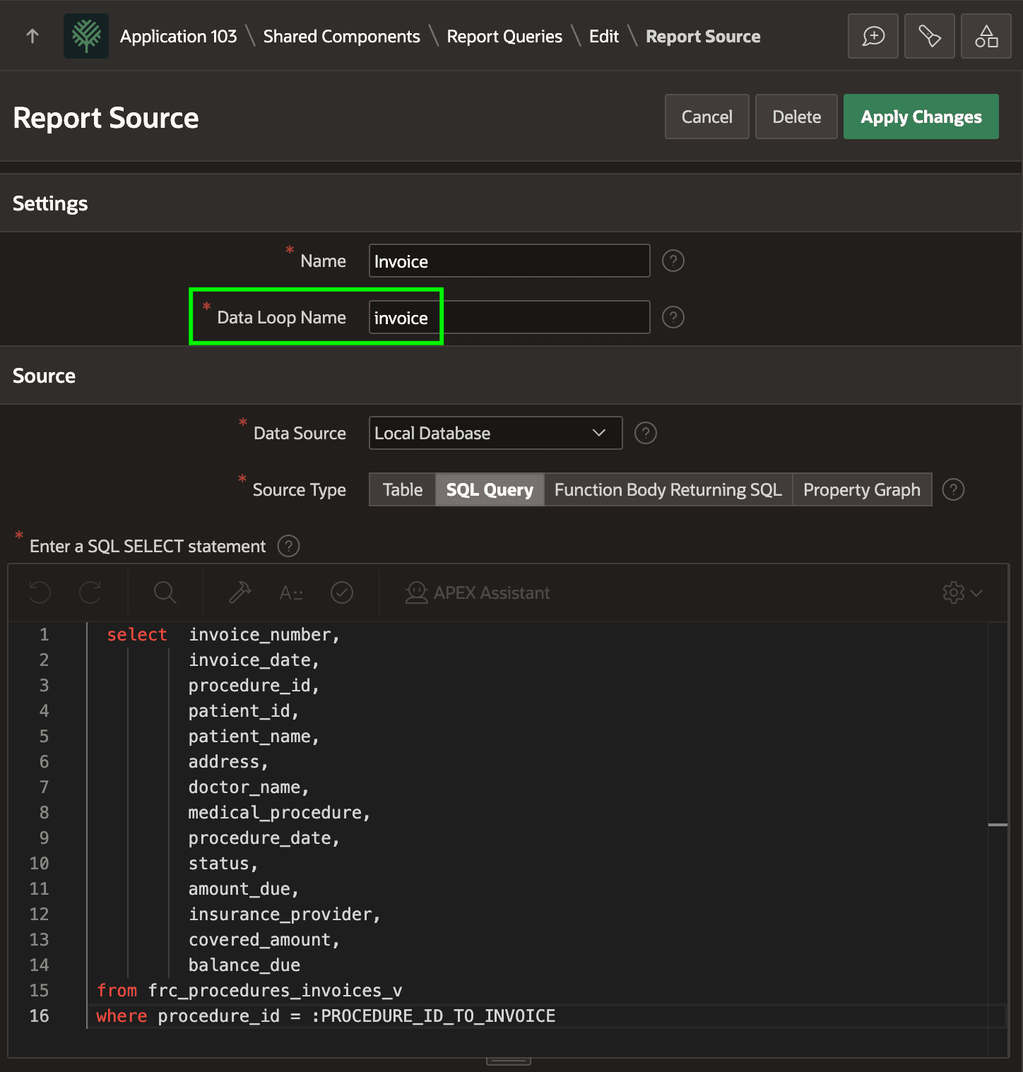 Report Source Configures SQL Query and Data Loop Name