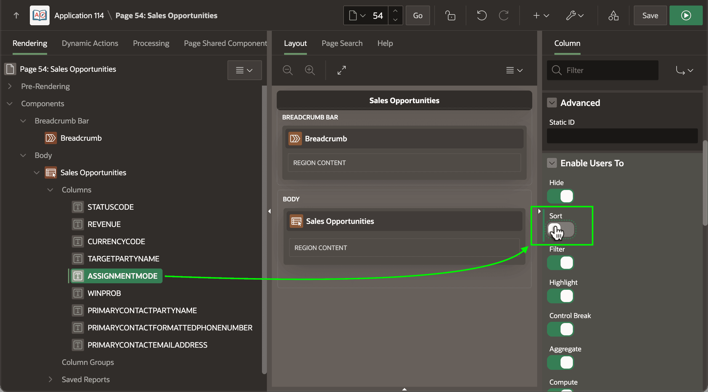Disabling Sorting on Assignment Mode Column