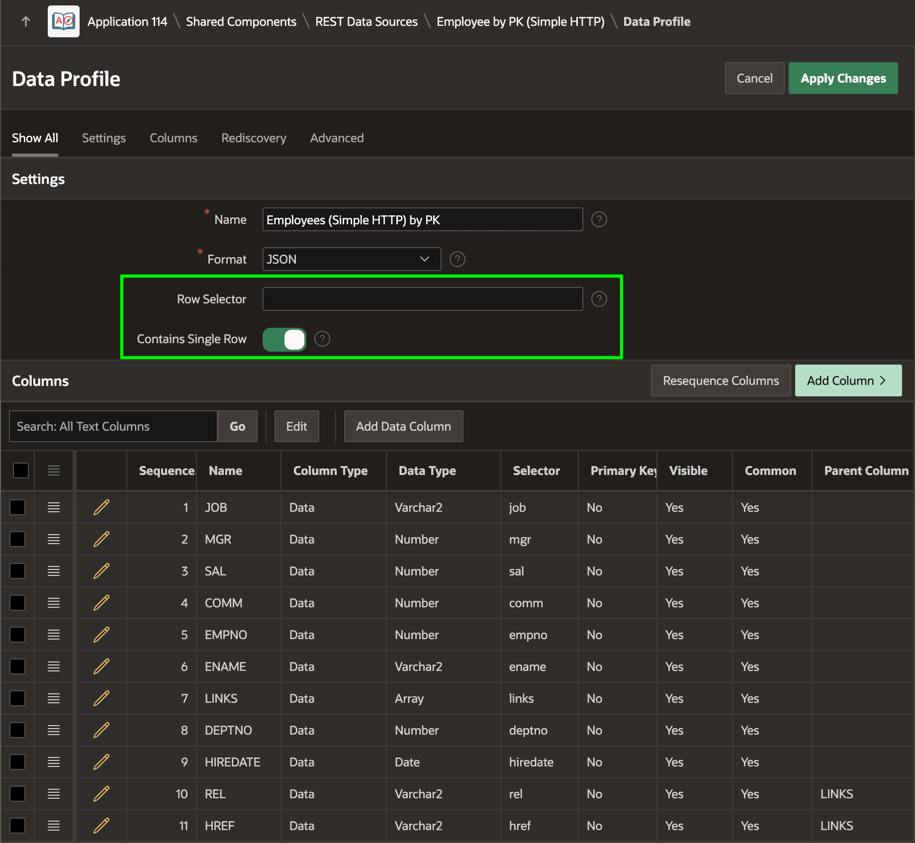 Data Profile for Employee by PK (Simple HTTP) REST Data Source