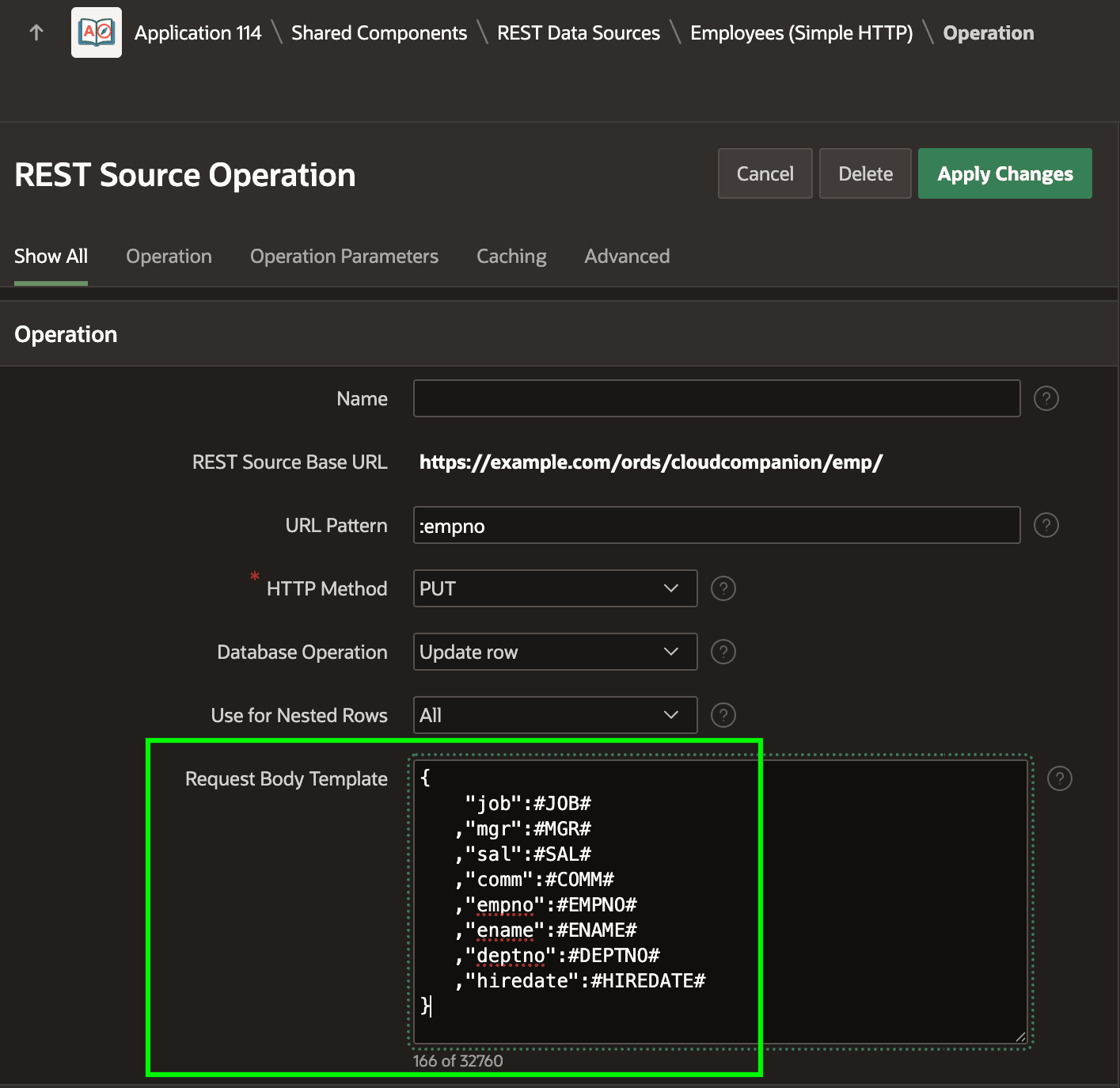 Request Body Template in the PUT / Update Row Operation Request Body Template in the PUT / Update Row Operation