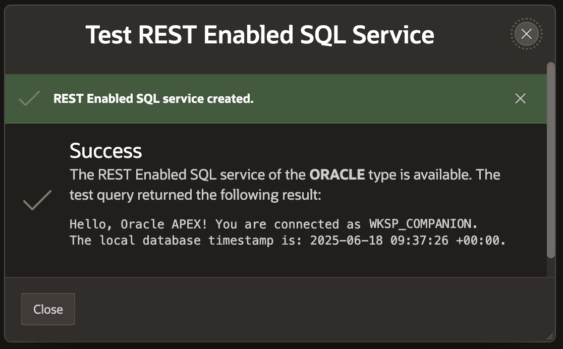 Confirmation of Successfully Authenticated REST-Enabled SQL Connection