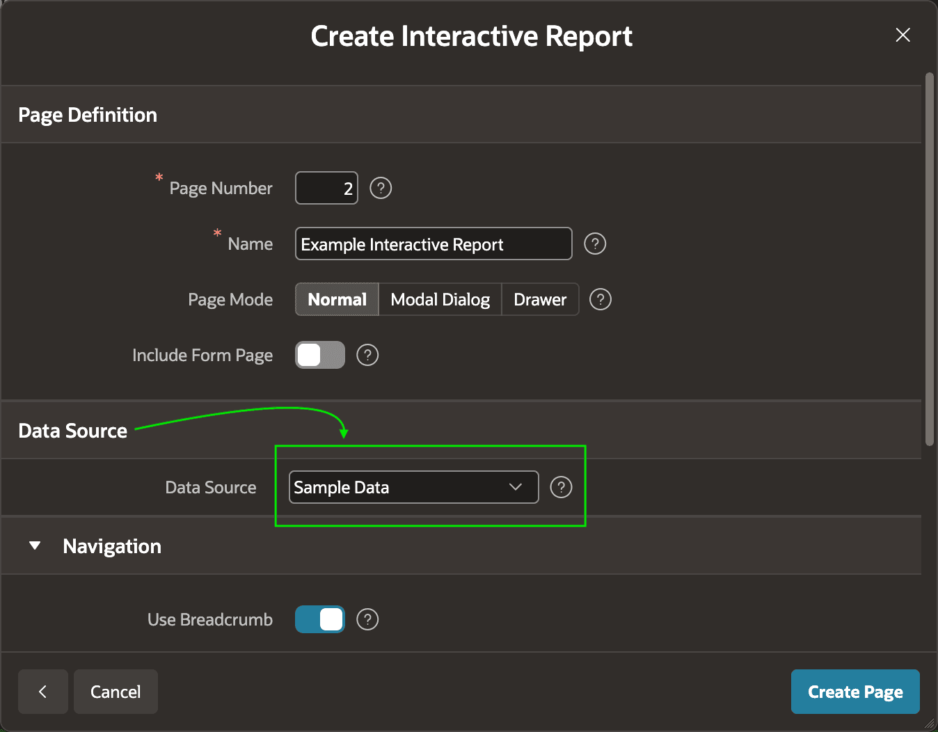 Choosing Sample Data as a Data Source in the Create Page Wizard