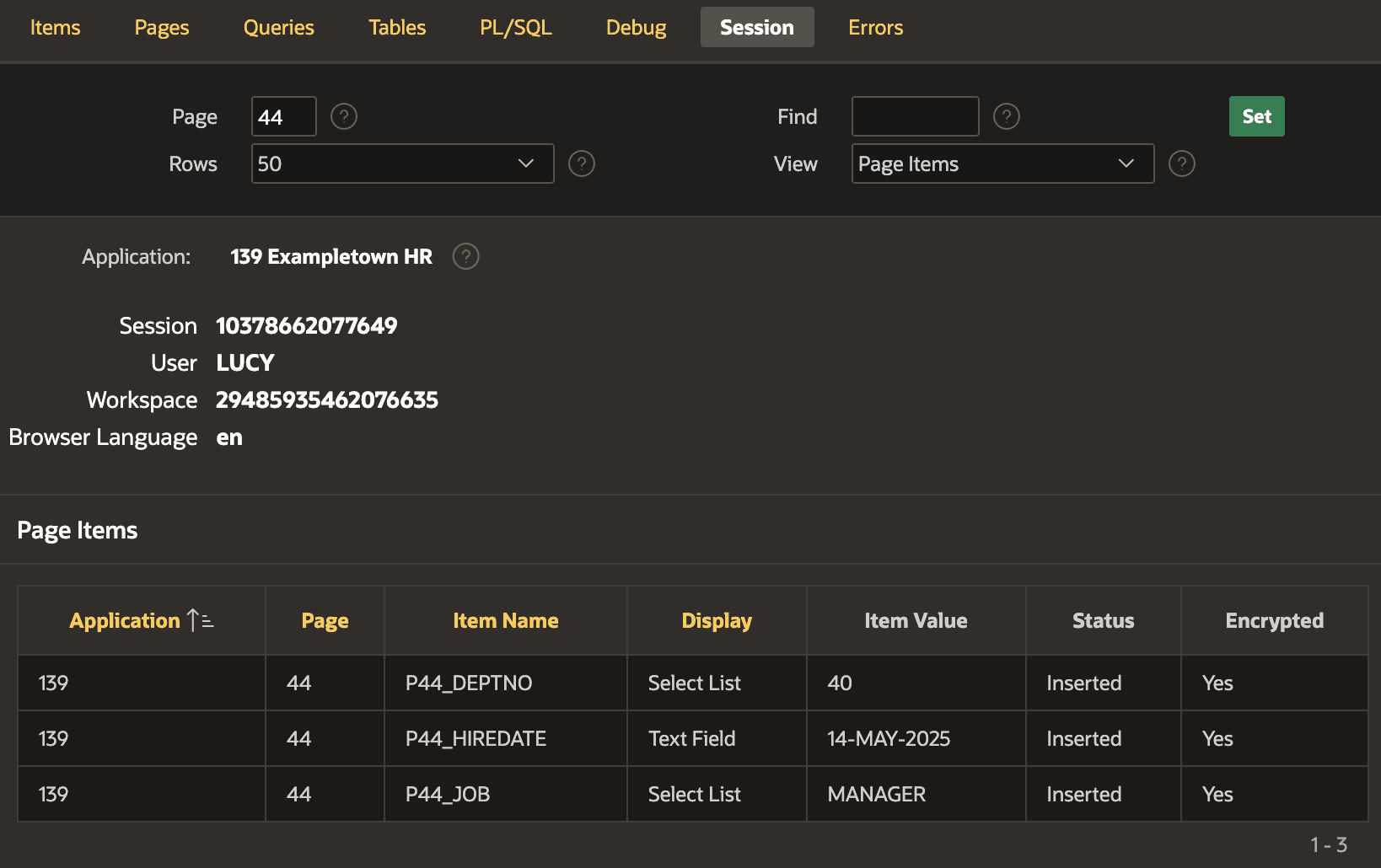Browsing Page Item Session State for Page 44