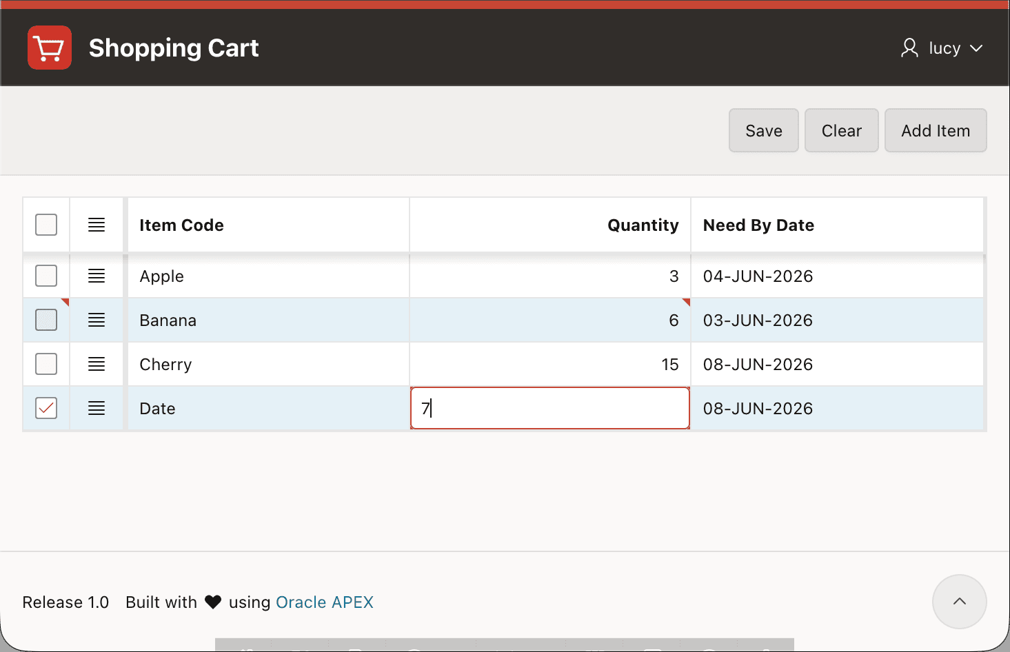 Editing Shopping Cart Items in a Collection with Interactive Grid