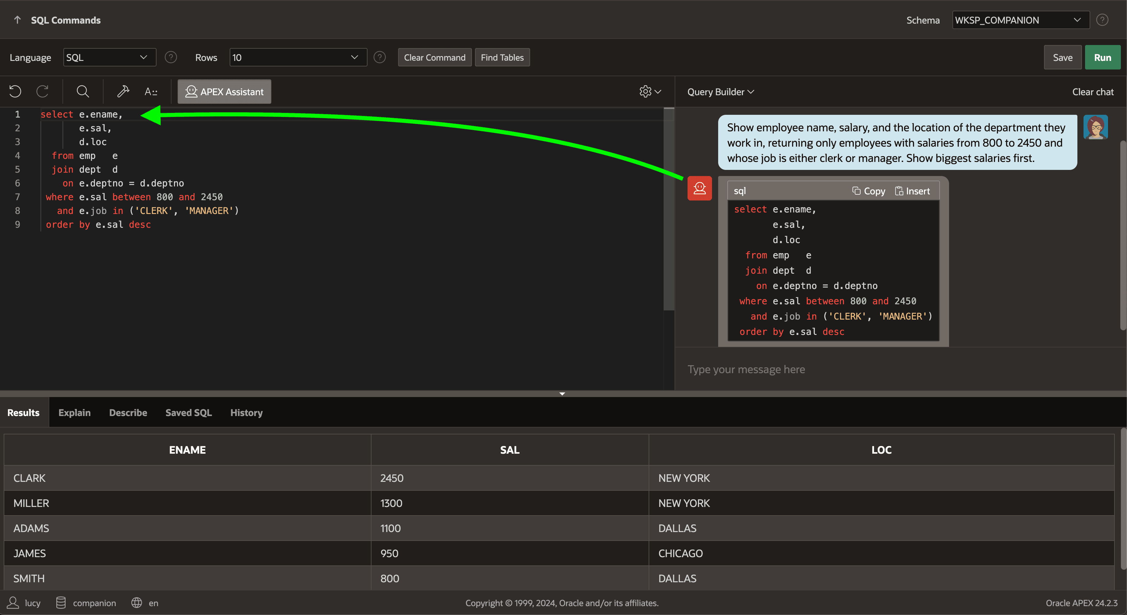 APEX Assistant Helps Write SQL
