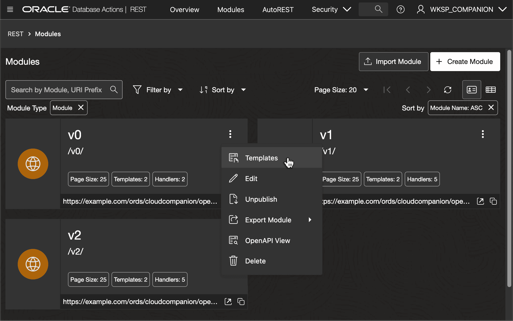 Navigating to View and Configure a Module's Templates in SQL Developer Web Navigating to View and Configure a Module's Templates in SQL Developer Web