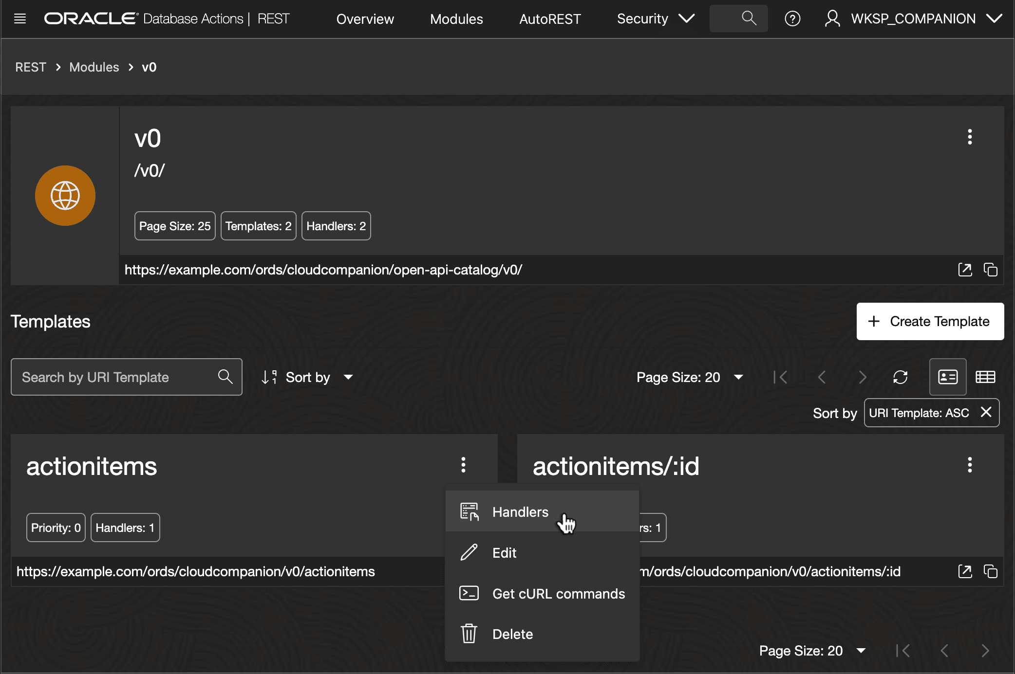 Navigating to View and Configure a Template's Handlers in SQL Developer Web Navigating to View and Configure a Template's Handlers in SQL Developer Web