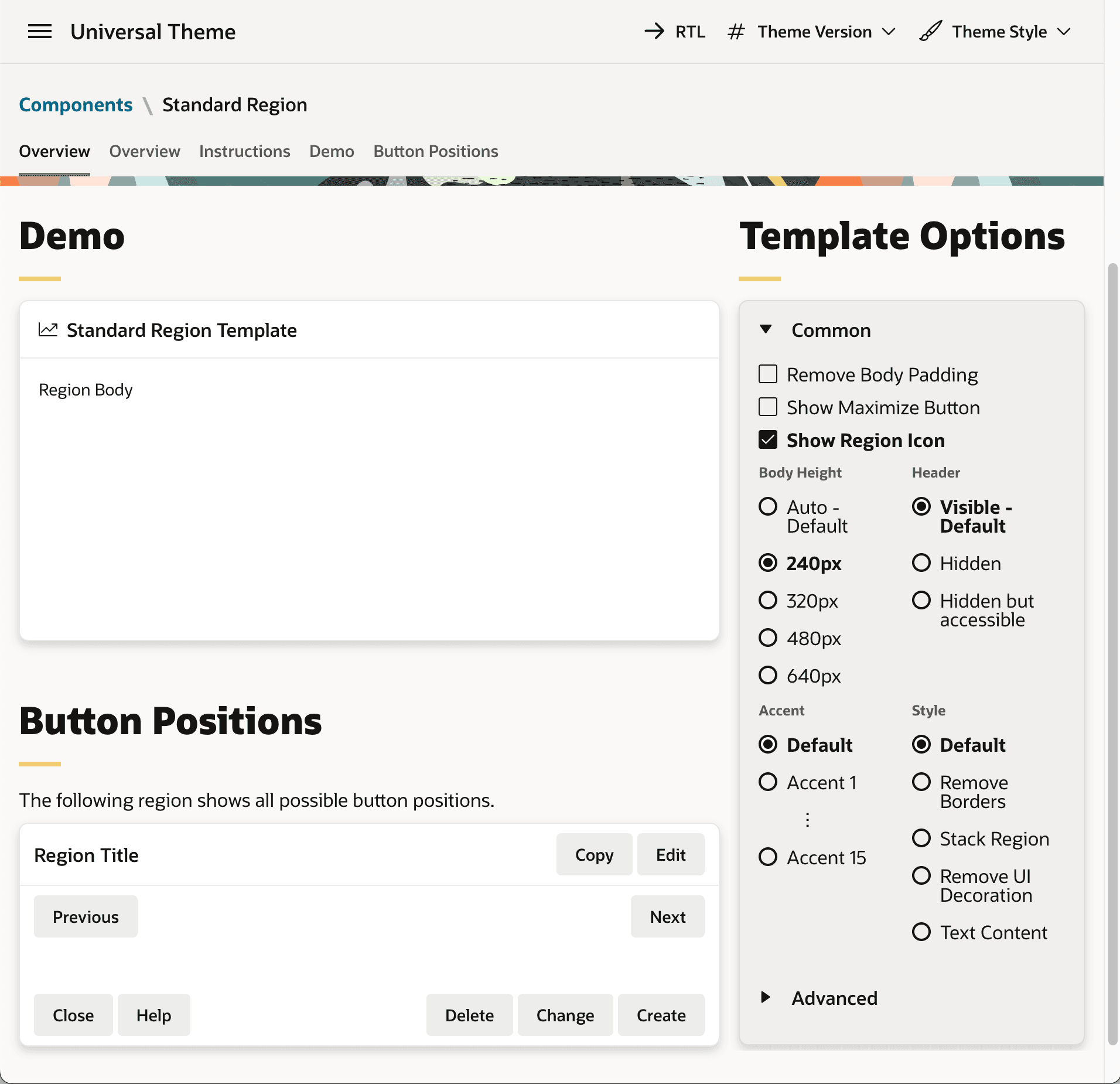 Standard Region Template Options in the Universal Theme Reference App Standard Region Template Options in the Universal Theme Reference App